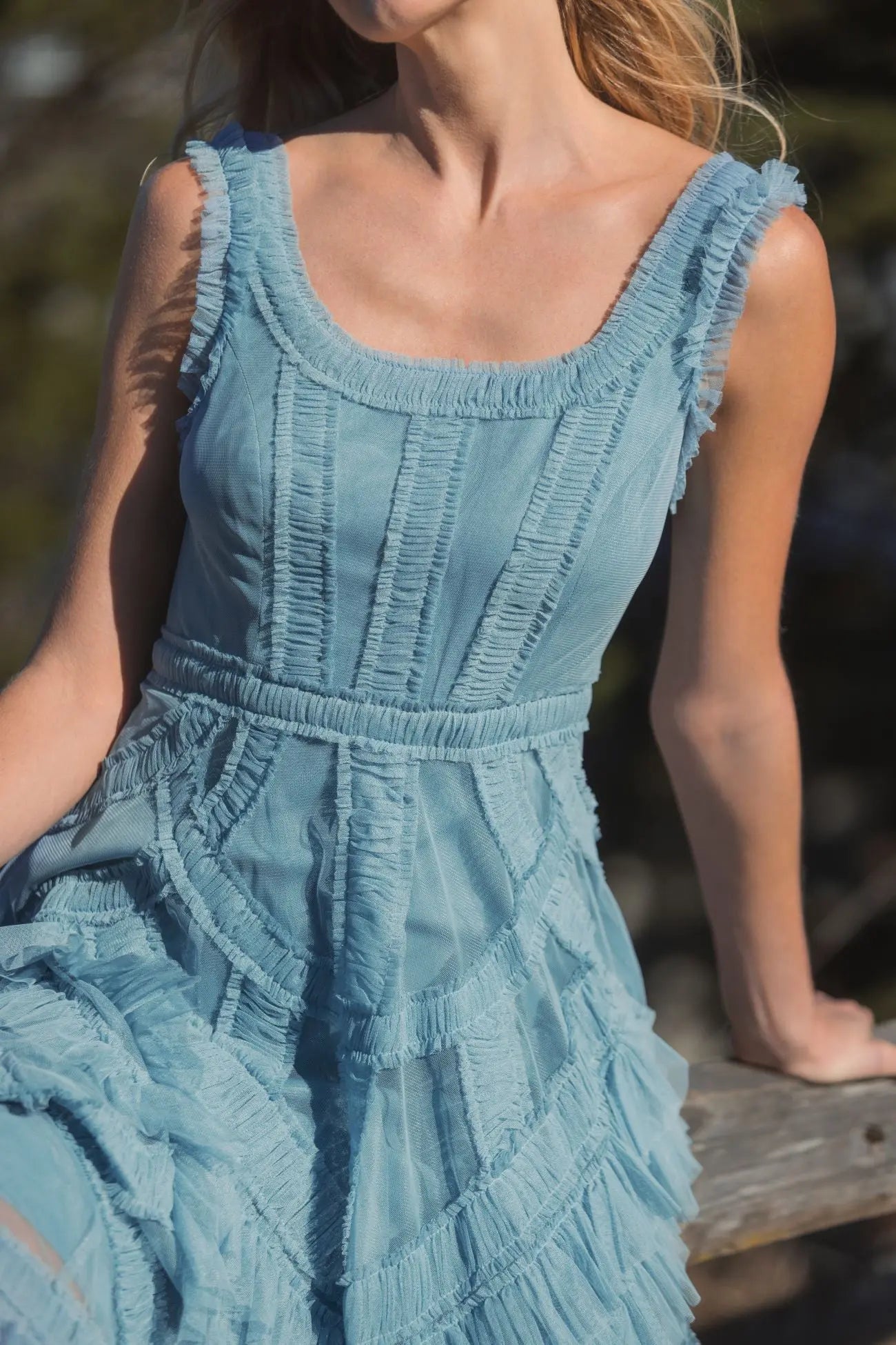 Blue Scoop Neck Sleeveless A-Line Ruffle Midi Dress-Myartka