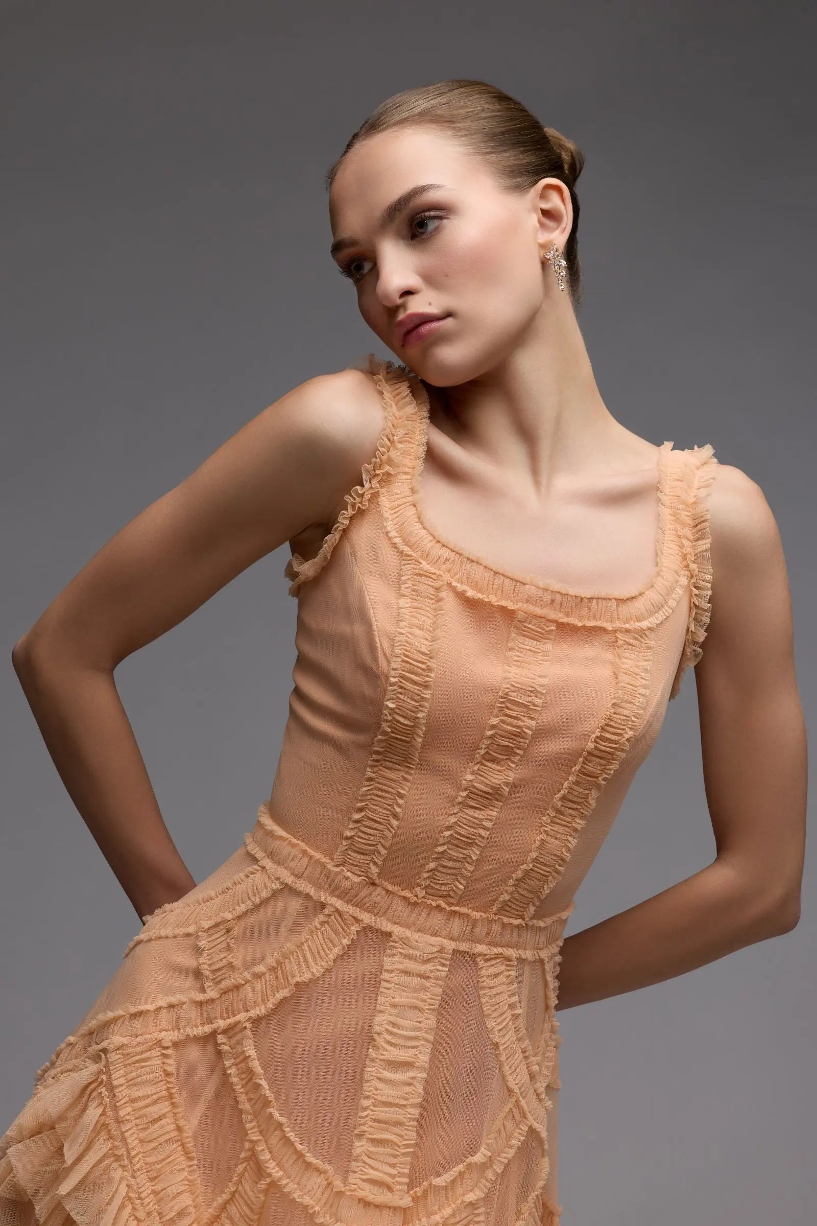 Orange Scoop Neck Sleeveless Micro Ruffle Midi Dress-Myartka