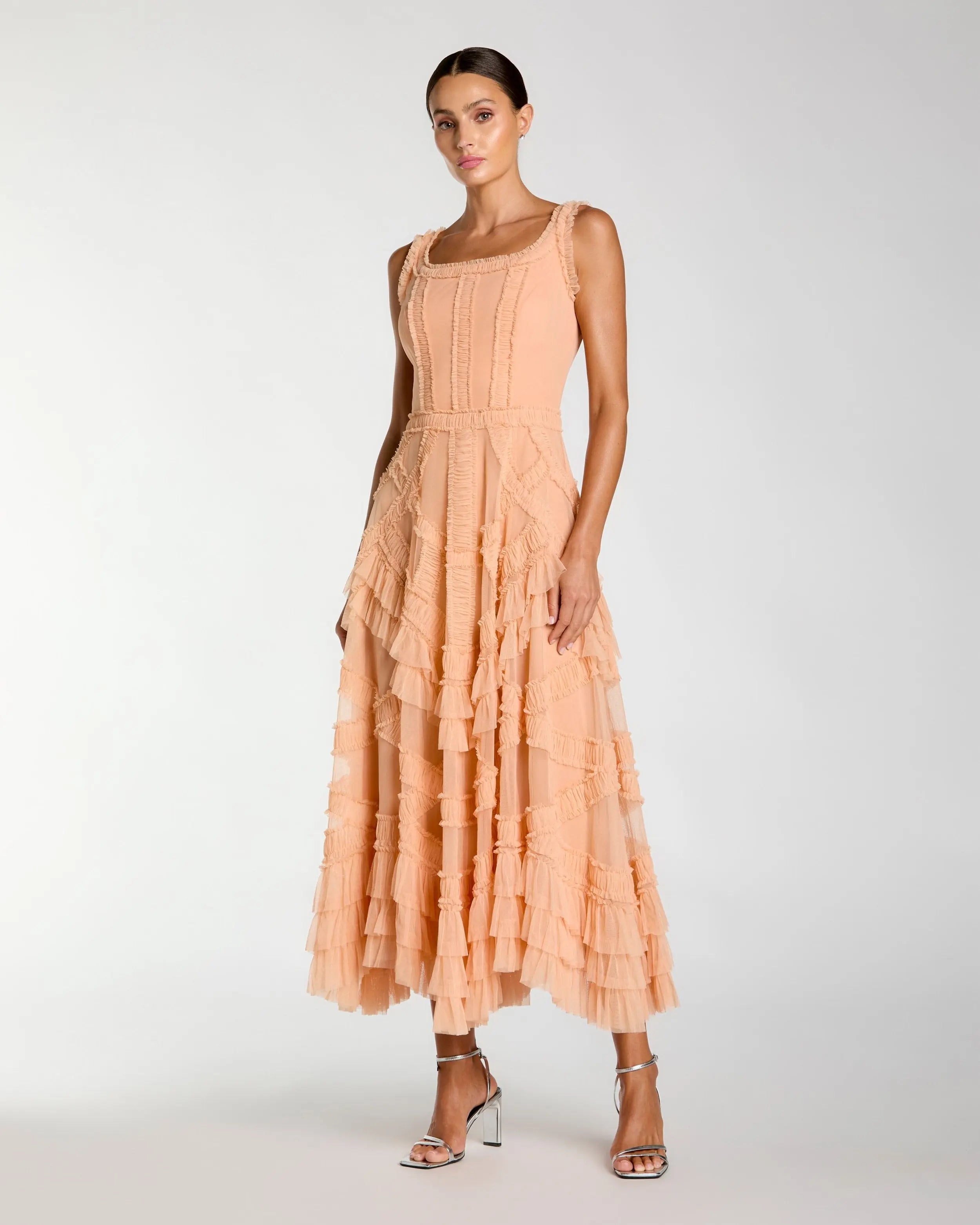 Orange Scoop Neck Sleeveless Micro Ruffle Midi Dress-Myartka