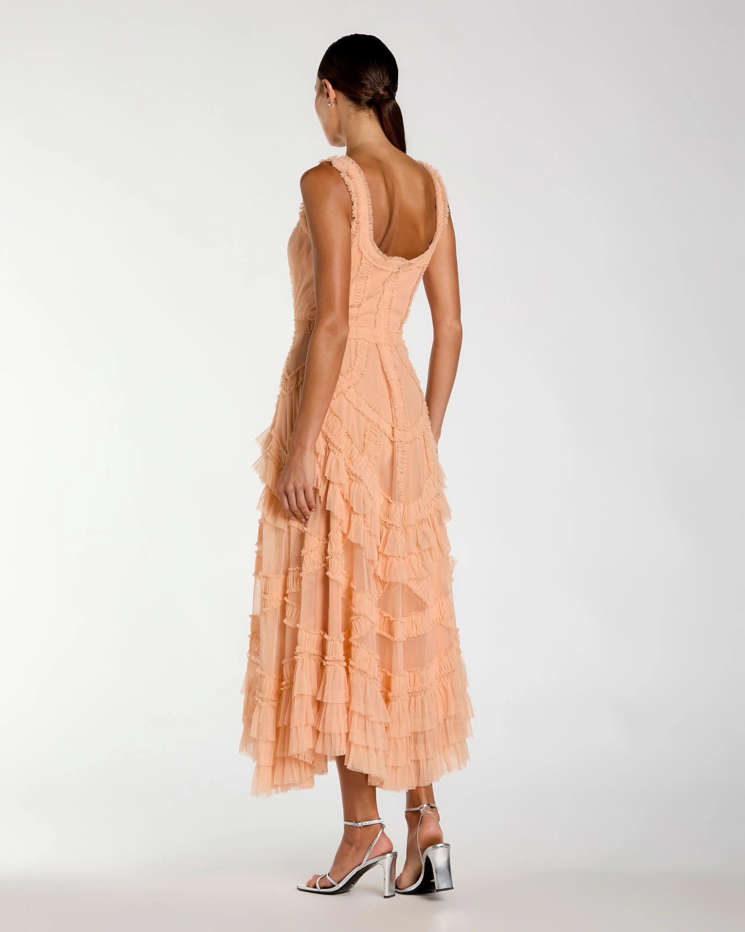 Orange Scoop Neck Sleeveless Micro Ruffle Midi Dress-Myartka