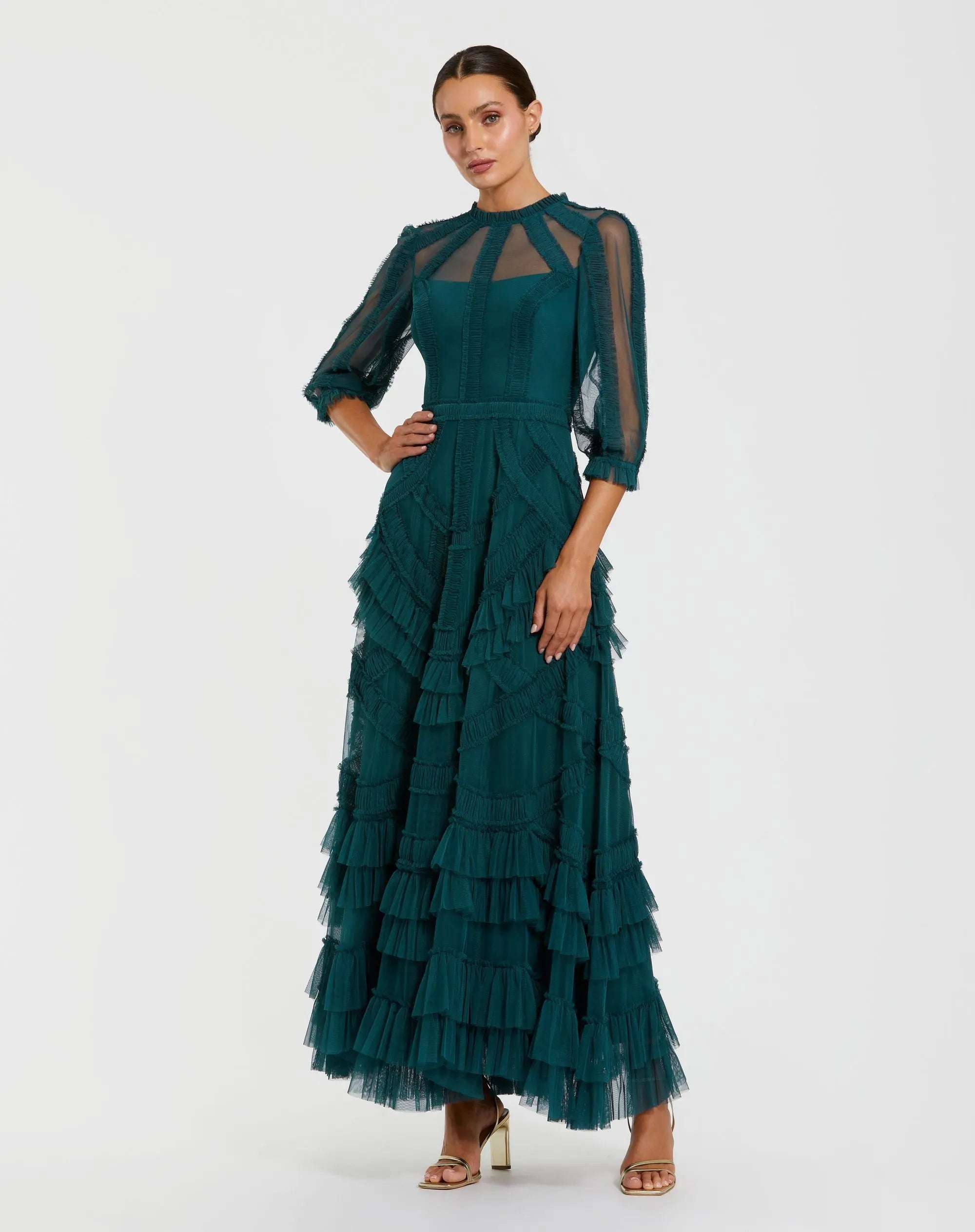 Teal High Neck Micro Ruffle Dress with 3/4 Puff Sleeves-Myartka