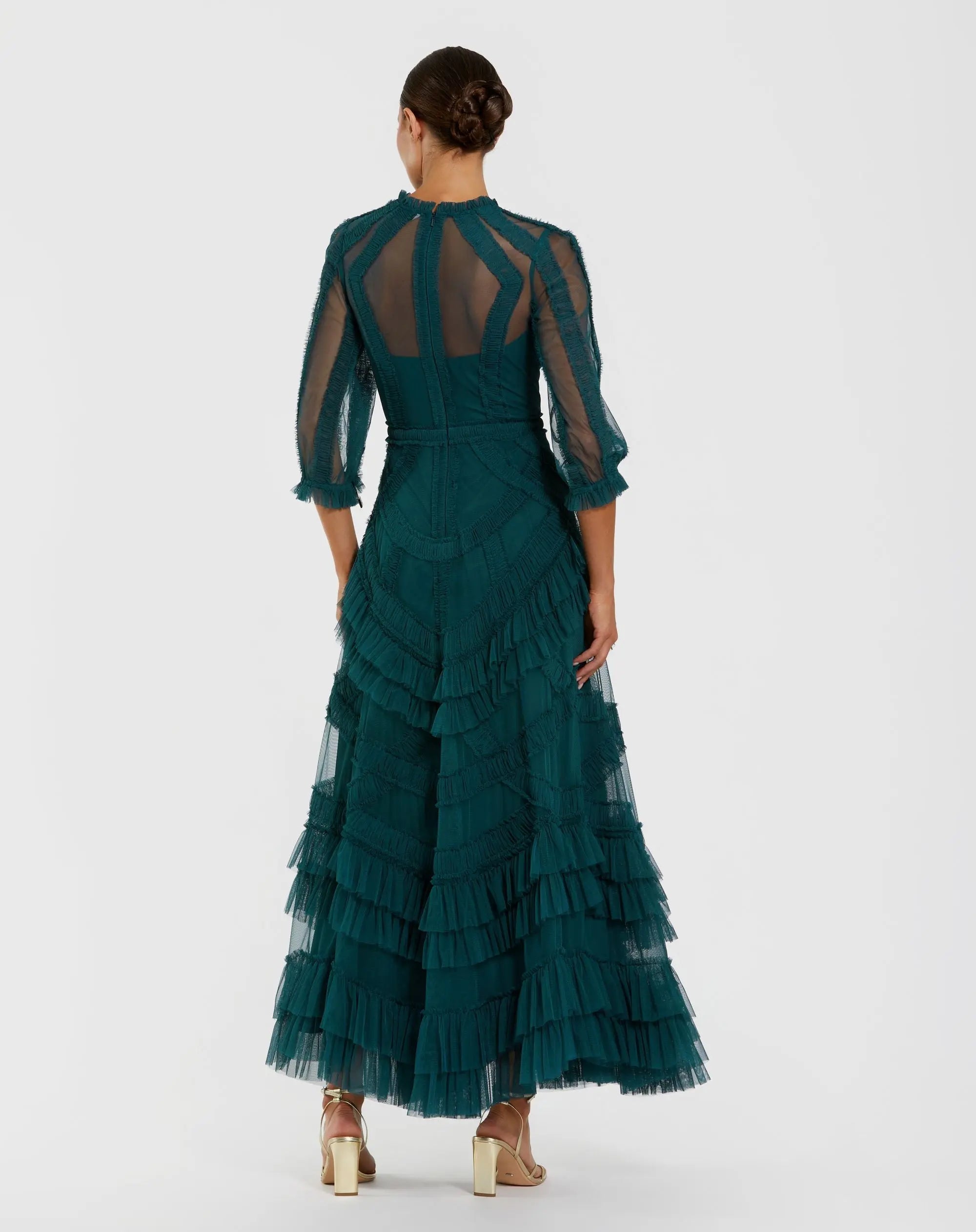 Teal High Neck Micro Ruffle Dress with 3/4 Puff Sleeves-Myartka