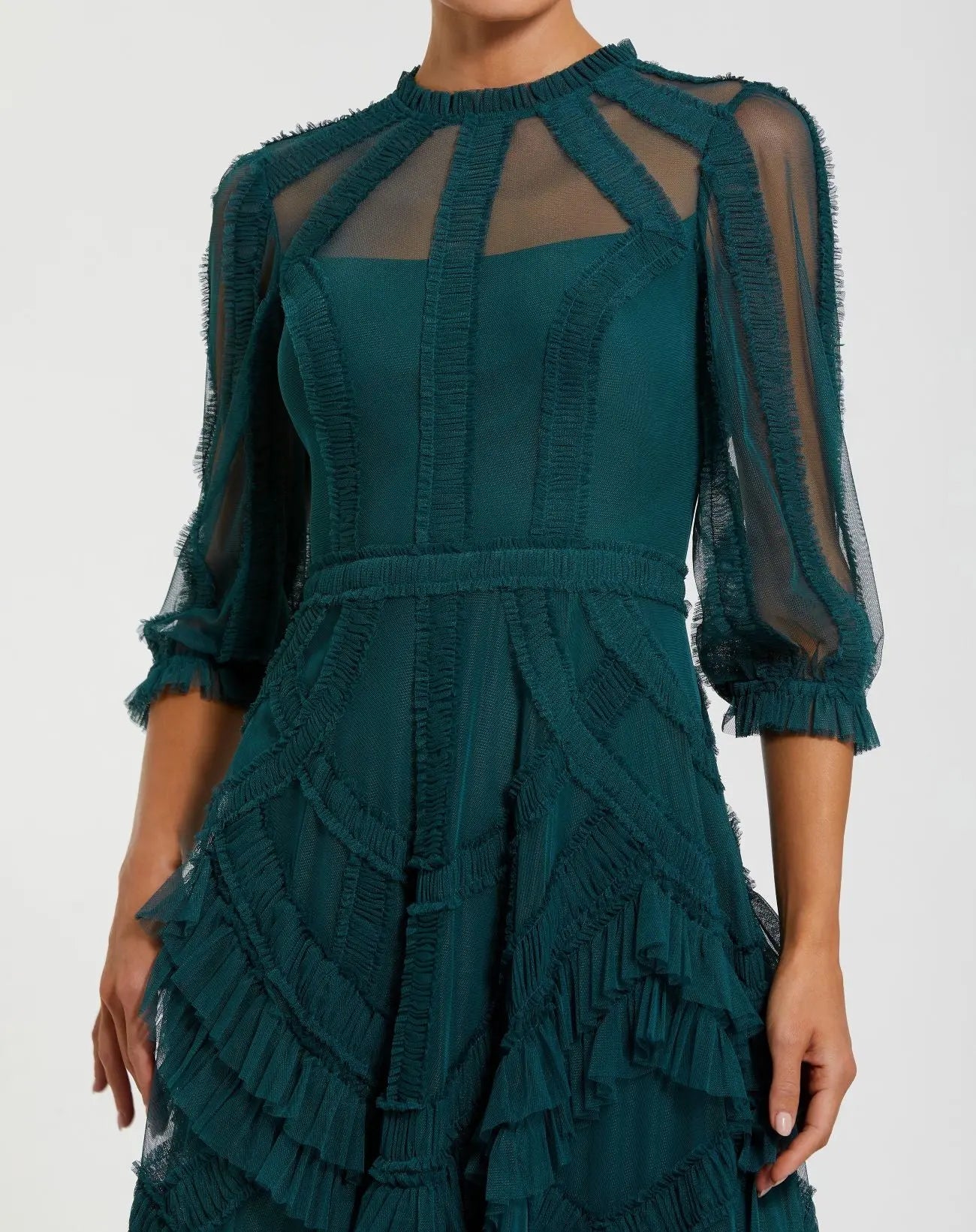Teal High Neck Micro Ruffle Dress with 3/4 Puff Sleeves-Myartka