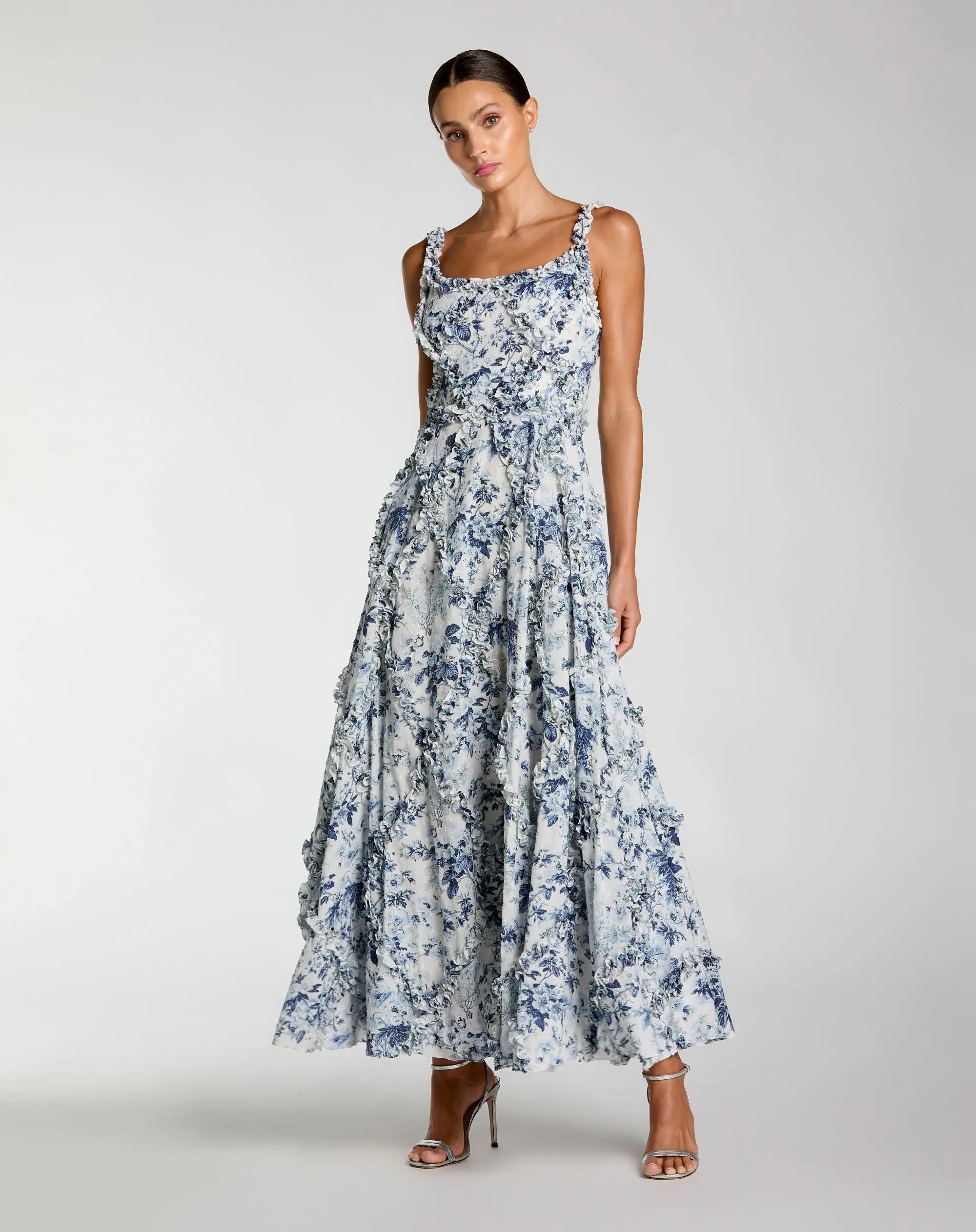 Blue and White Ruffle Scoop Neck Floral A-Line Dress-Myartka
