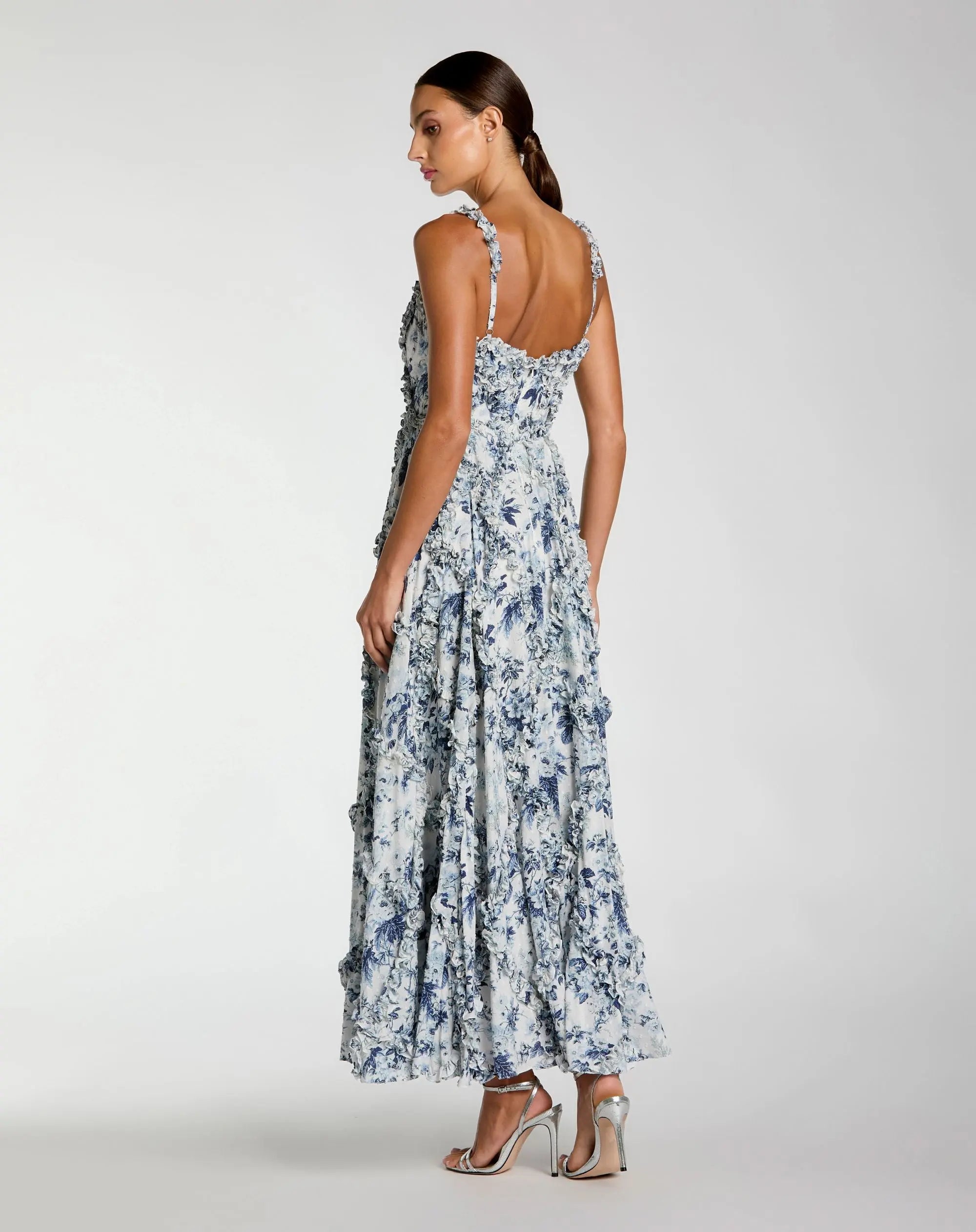 Blue and White Ruffle Scoop Neck Floral A-Line Dress-Myartka