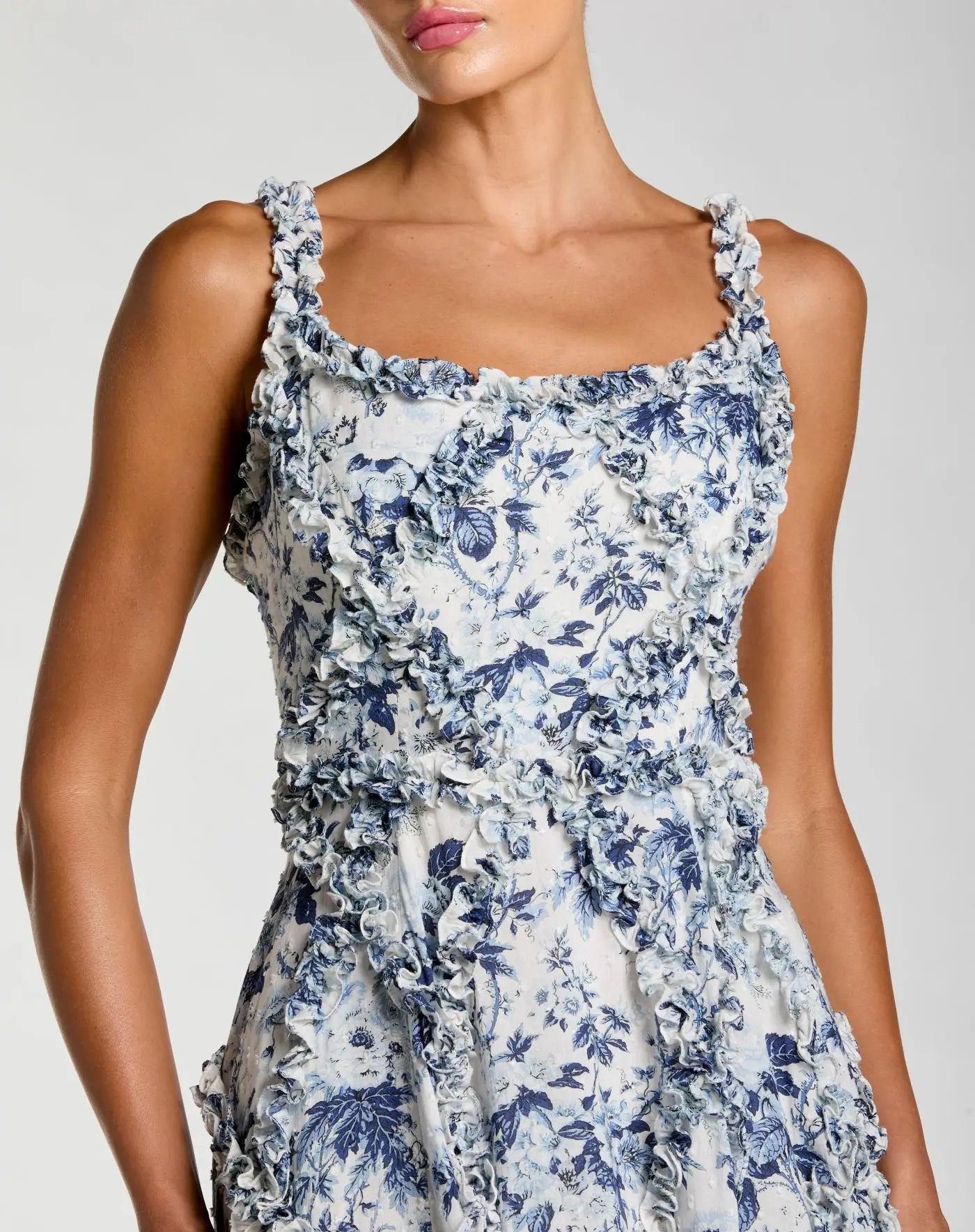 Blue and White Ruffle Scoop Neck Floral A-Line Dress-Myartka