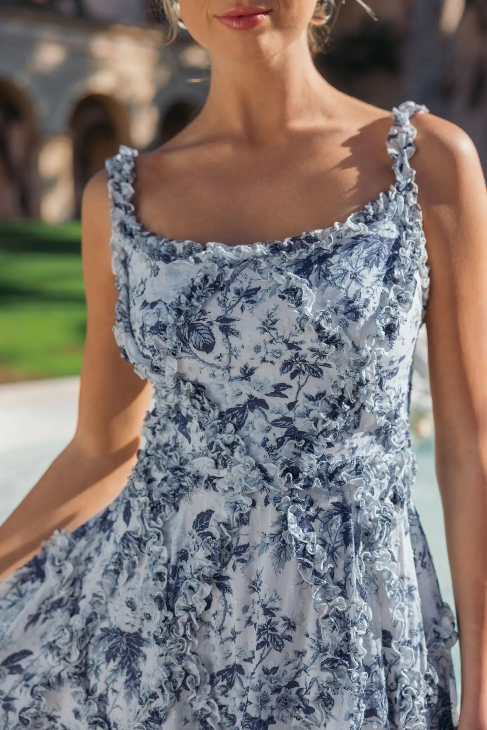 Blue and White Ruffle Scoop Neck Floral A-Line Dress-Myartka