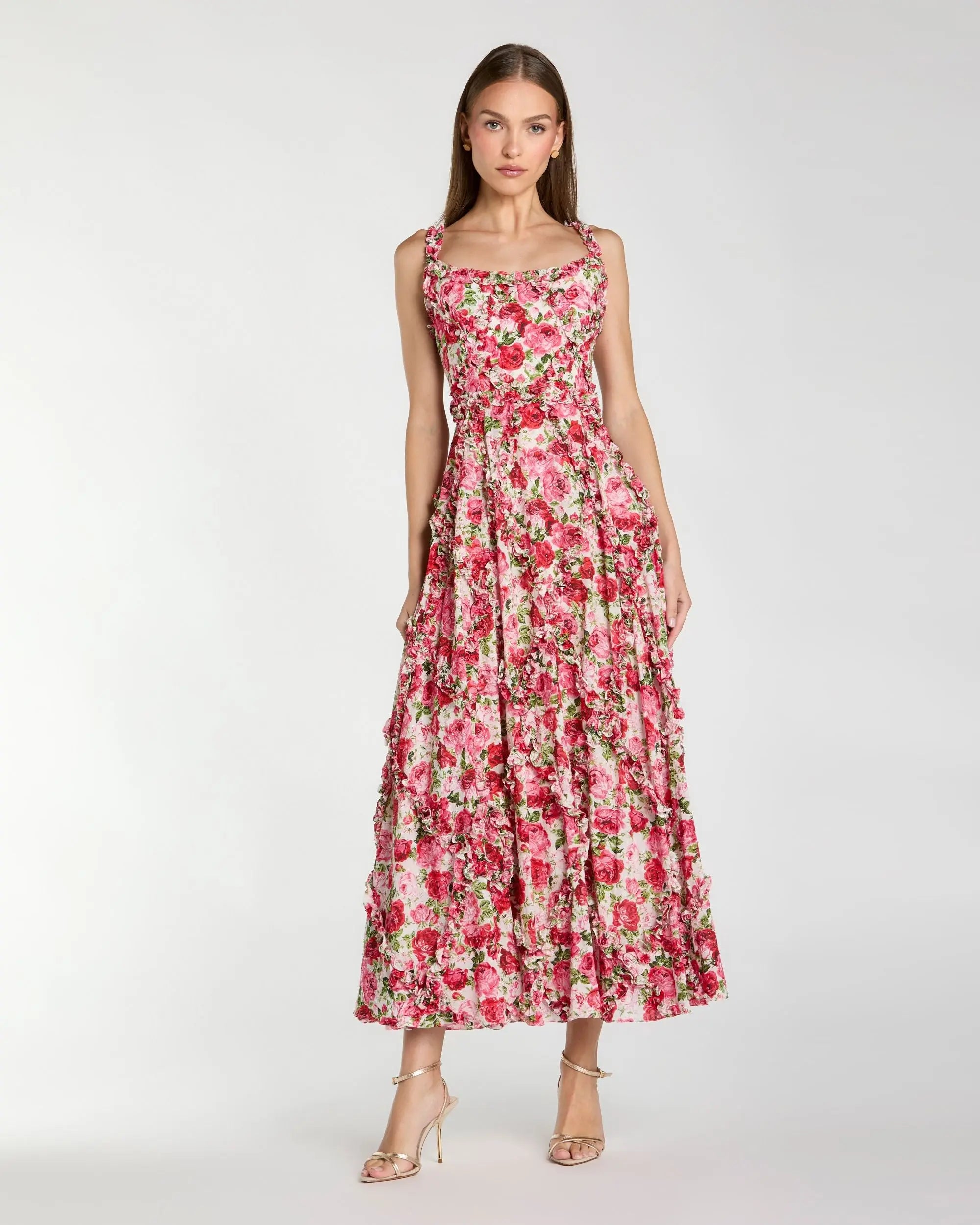 Pink Ruffle Scoop Neck Floral A-Line Dress-Myartka