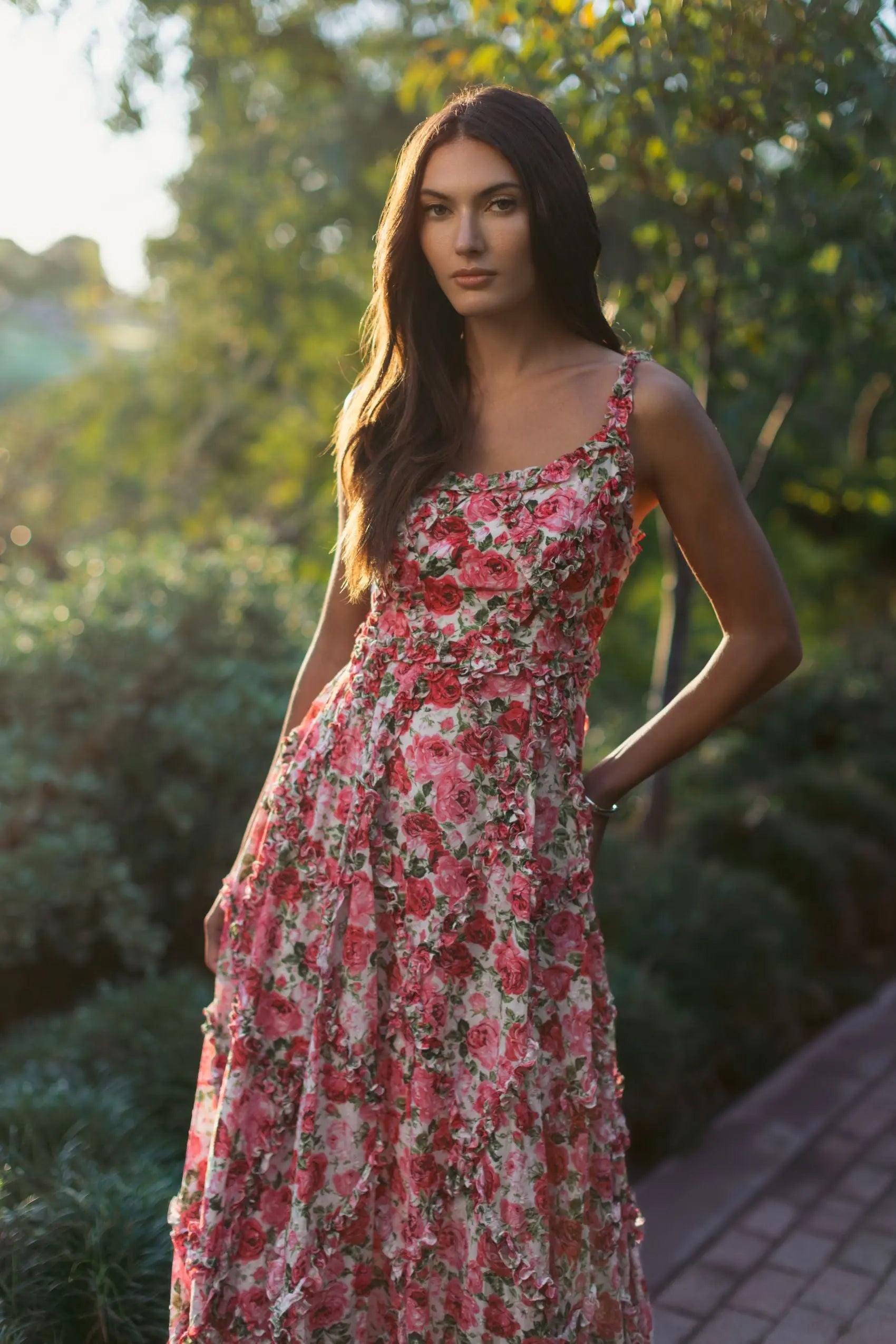 Pink Ruffle Scoop Neck Floral A-Line Dress-Myartka