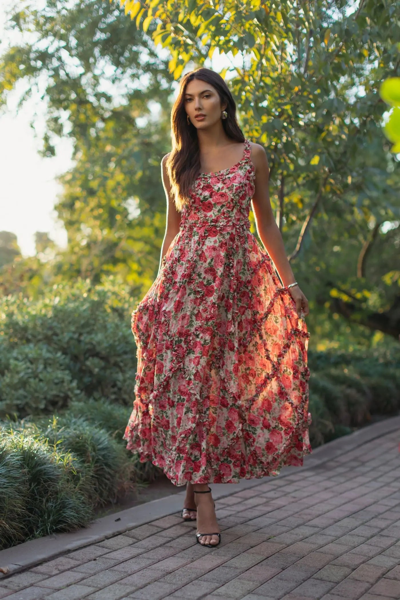 Pink Ruffle Scoop Neck Floral A-Line Dress-Myartka