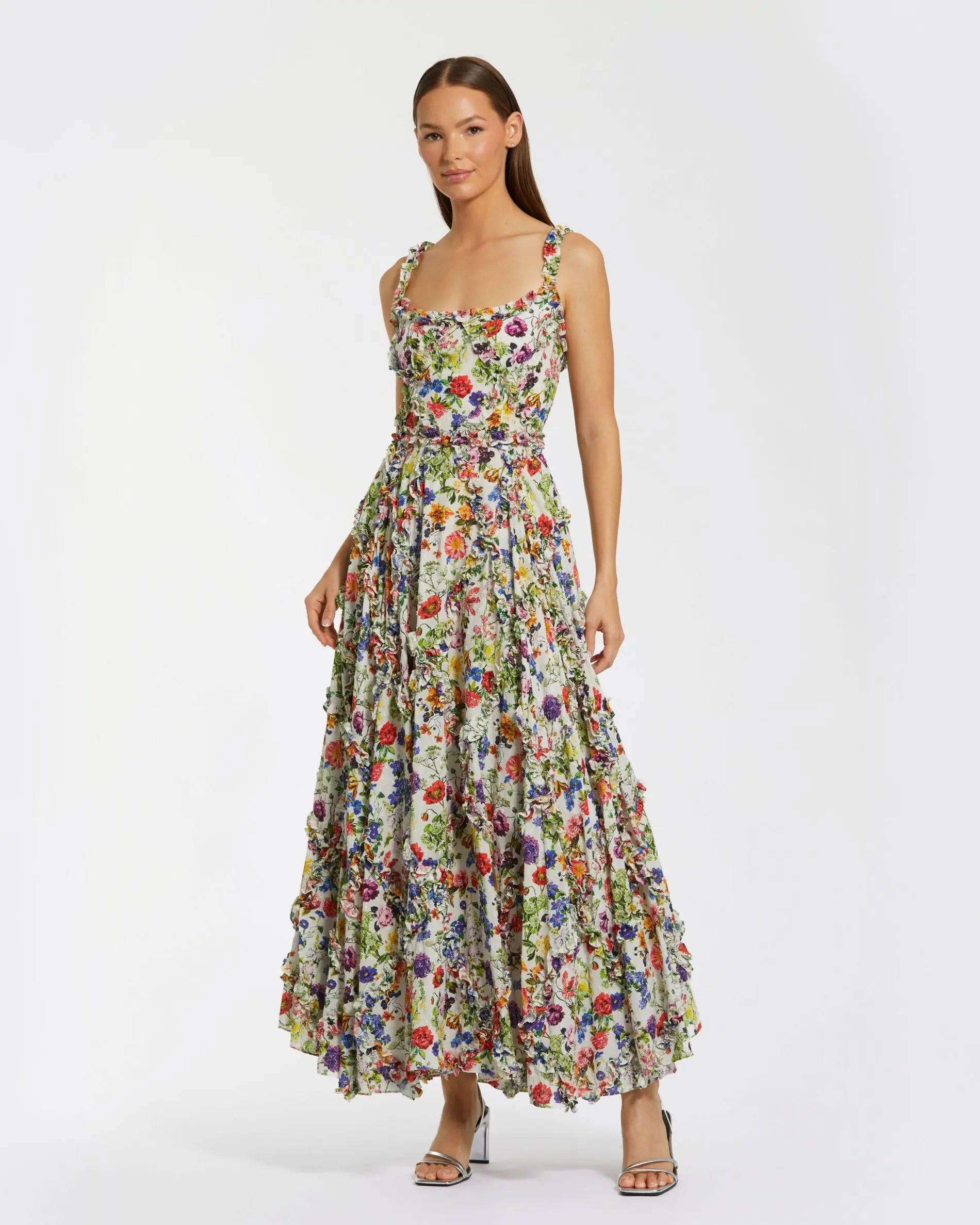 Multicolor Ruffle Scoop Neck Floral A-Line Dress-Myartka