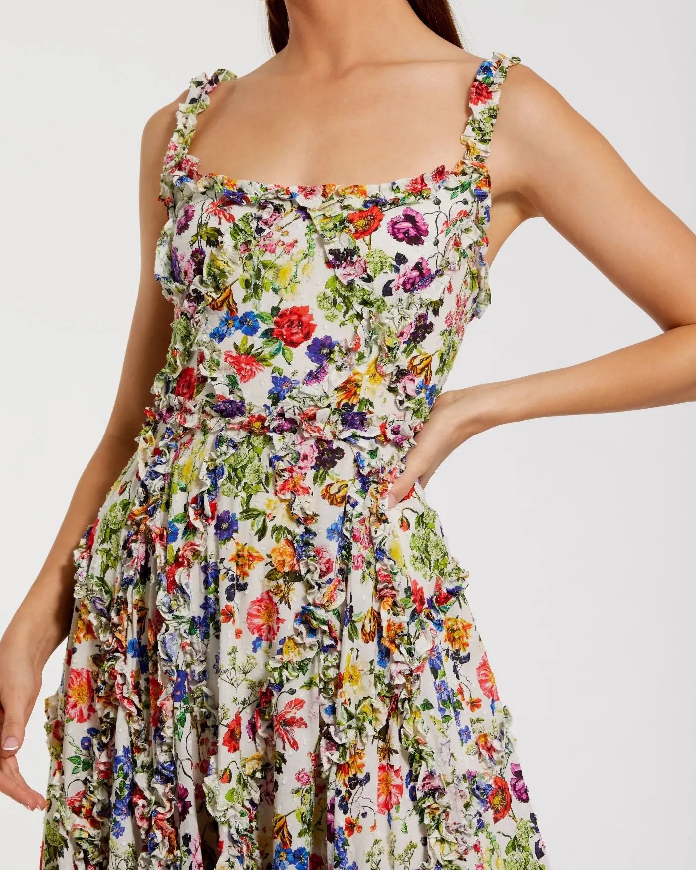 Multicolor Ruffle Scoop Neck Floral A-Line Dress-Myartka