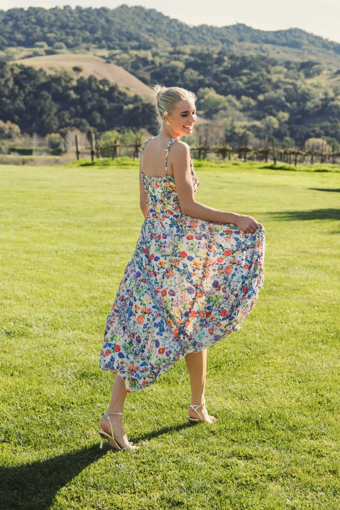 Multicolor Ruffle Scoop Neck Floral A-Line Dress-Myartka