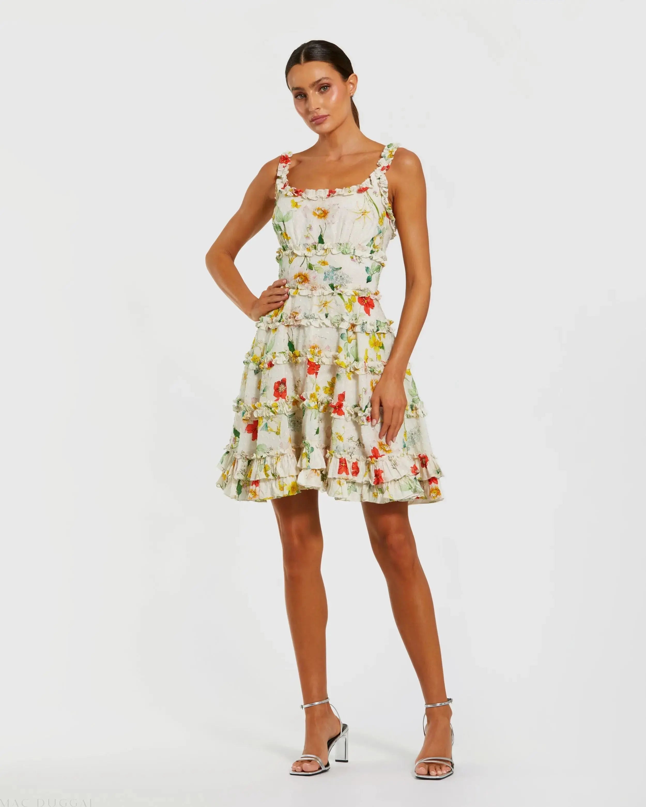 Ivory Floral Square Neck Ruffle Mini Dress-Myartka