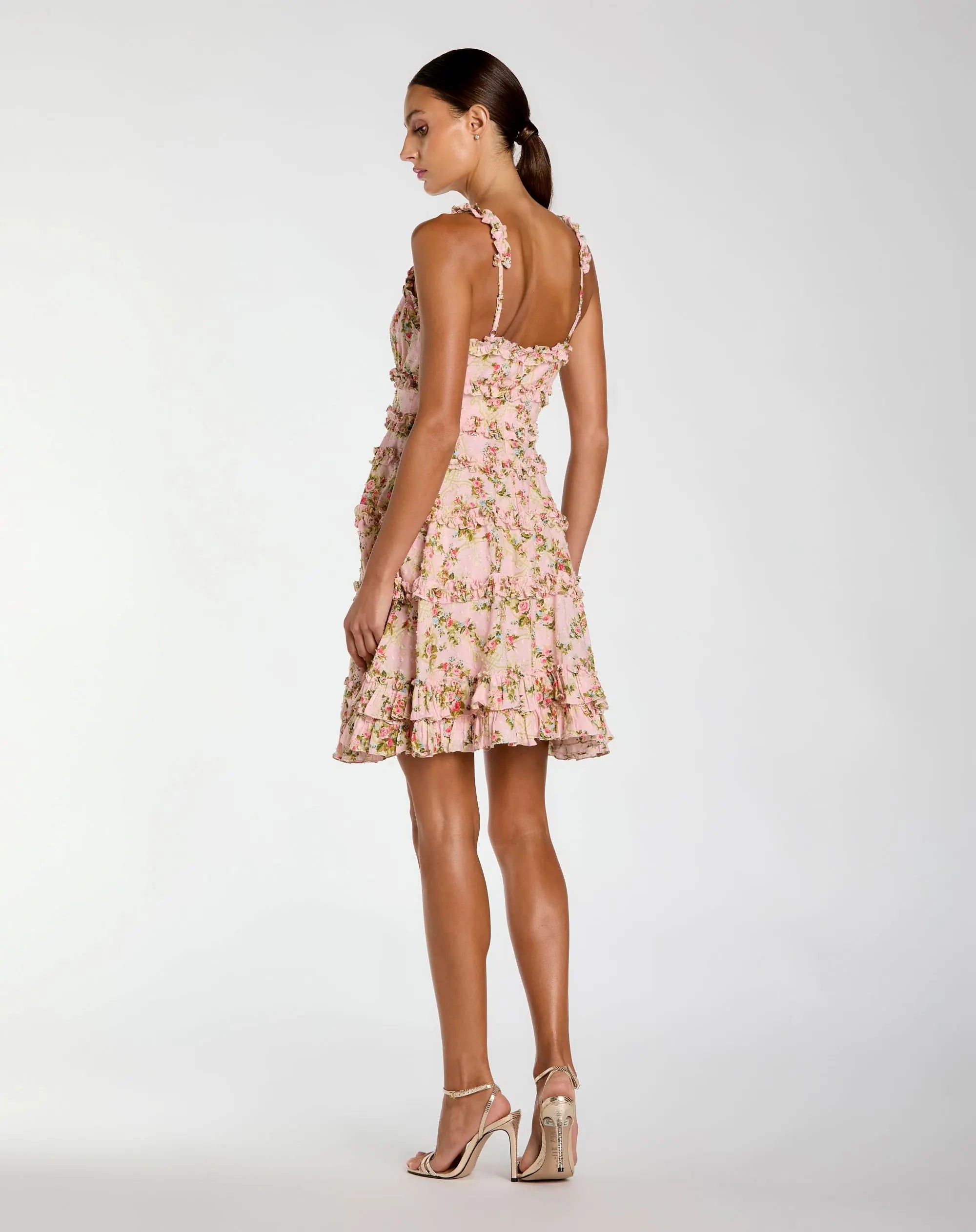 Pink Floral Square Neck Ruffled Cotton Mini Dress-Myartka