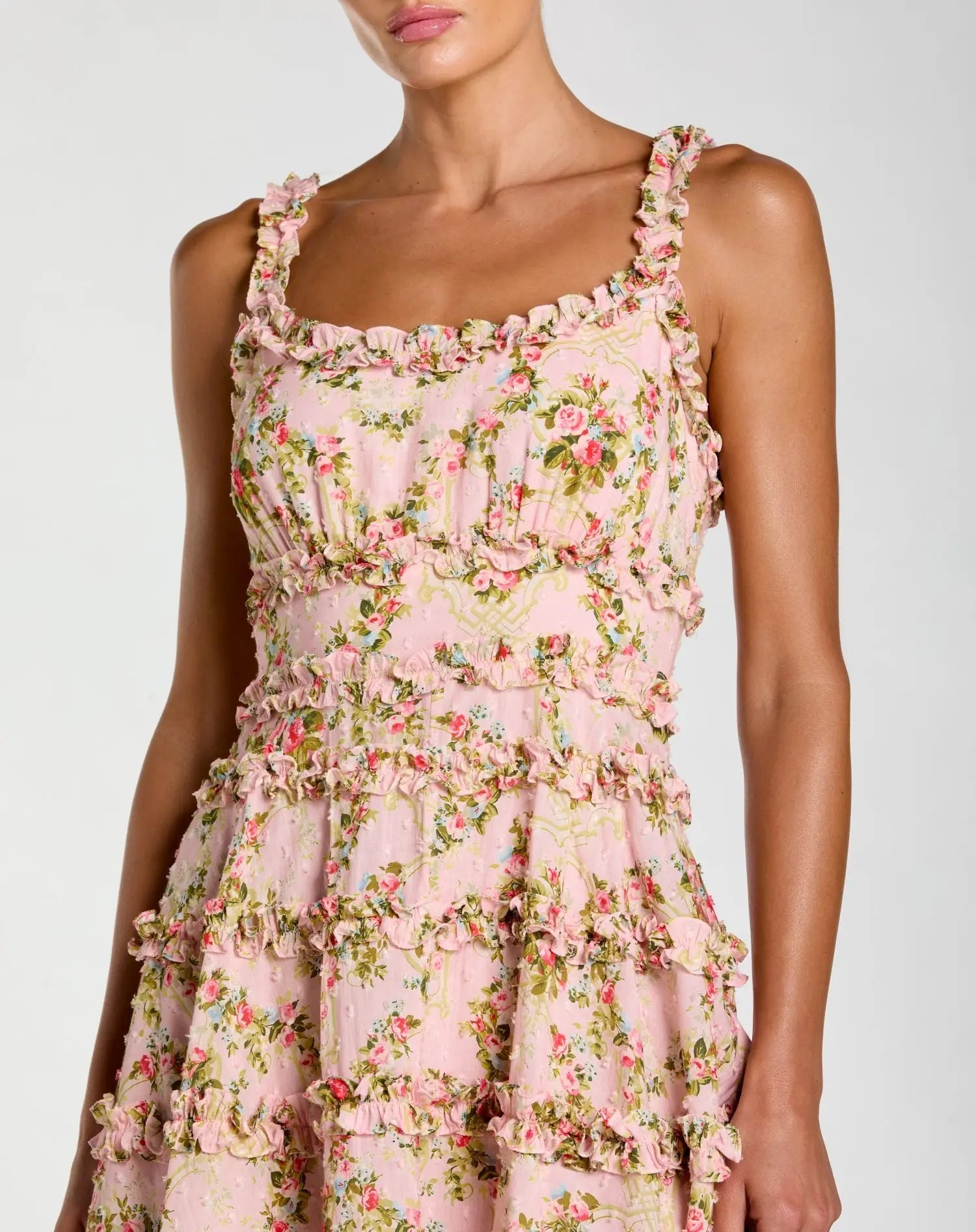 Pink Floral Square Neck Ruffled Cotton Mini Dress-Myartka