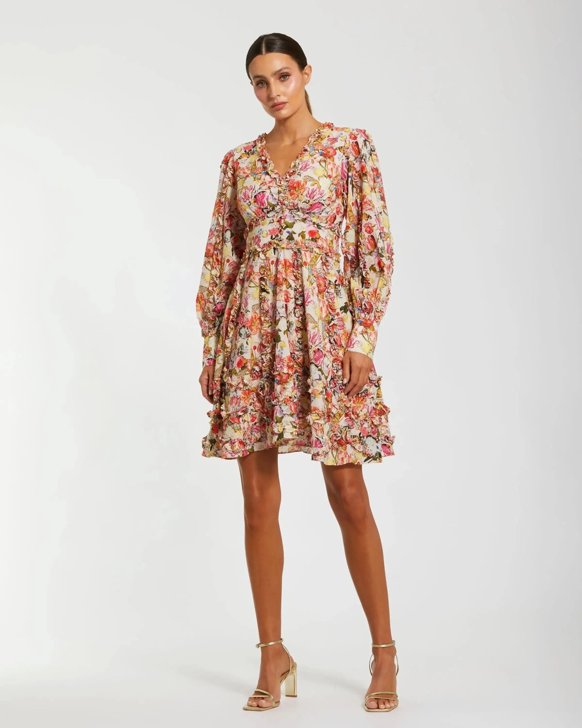 Multicolor Ruffle Floral V Neck Cotton Mini Dress-Myartka