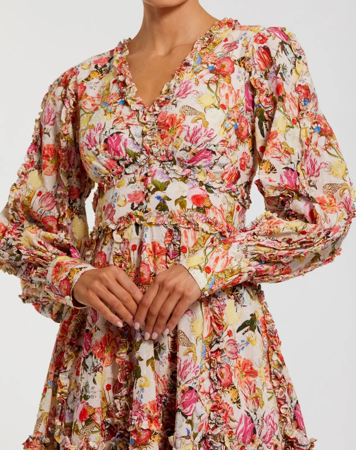 Multicolor Ruffle Floral V Neck Cotton Mini Dress-Myartka