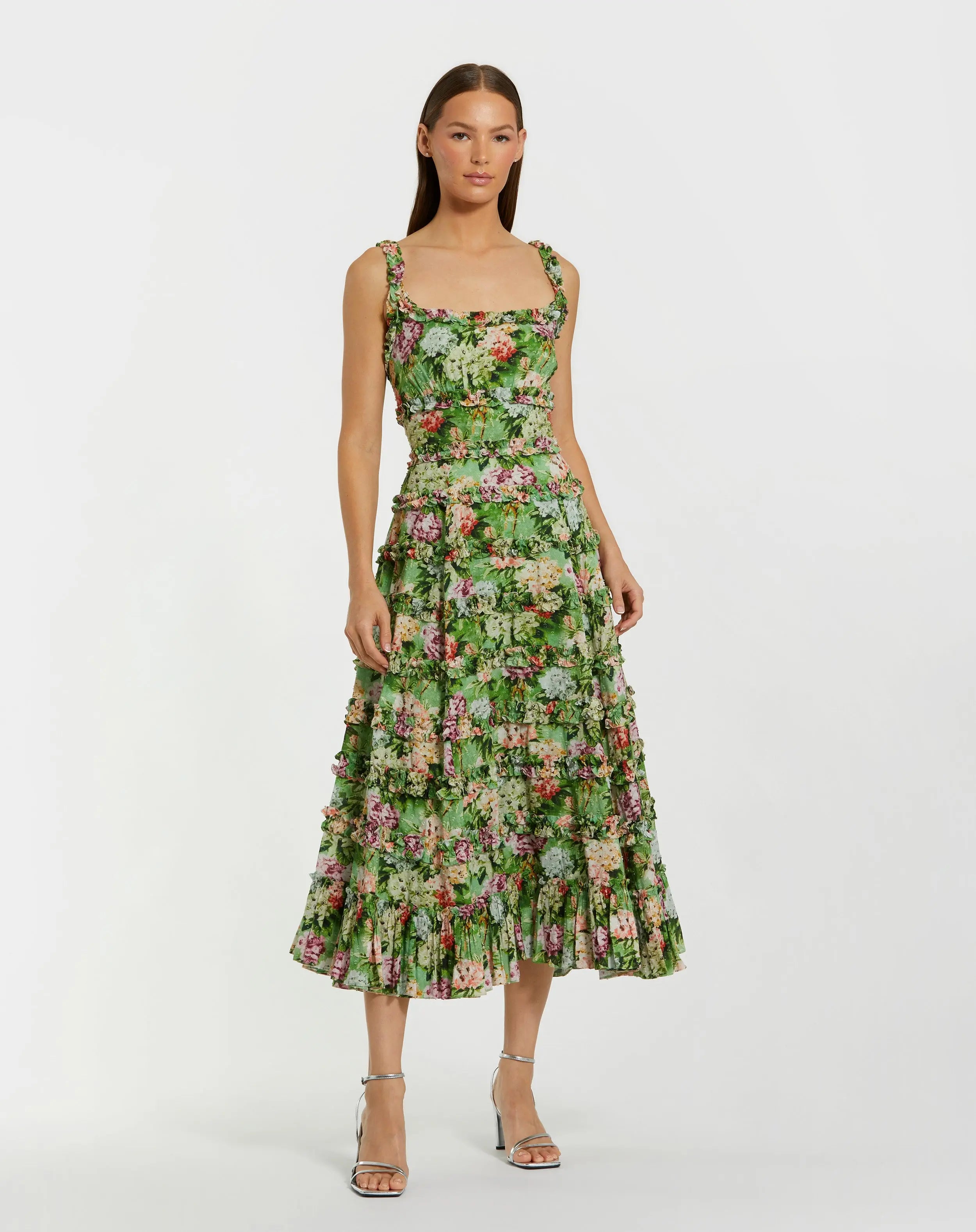 Green Ruffle Floral Square Neck Midi Dress-Myartka