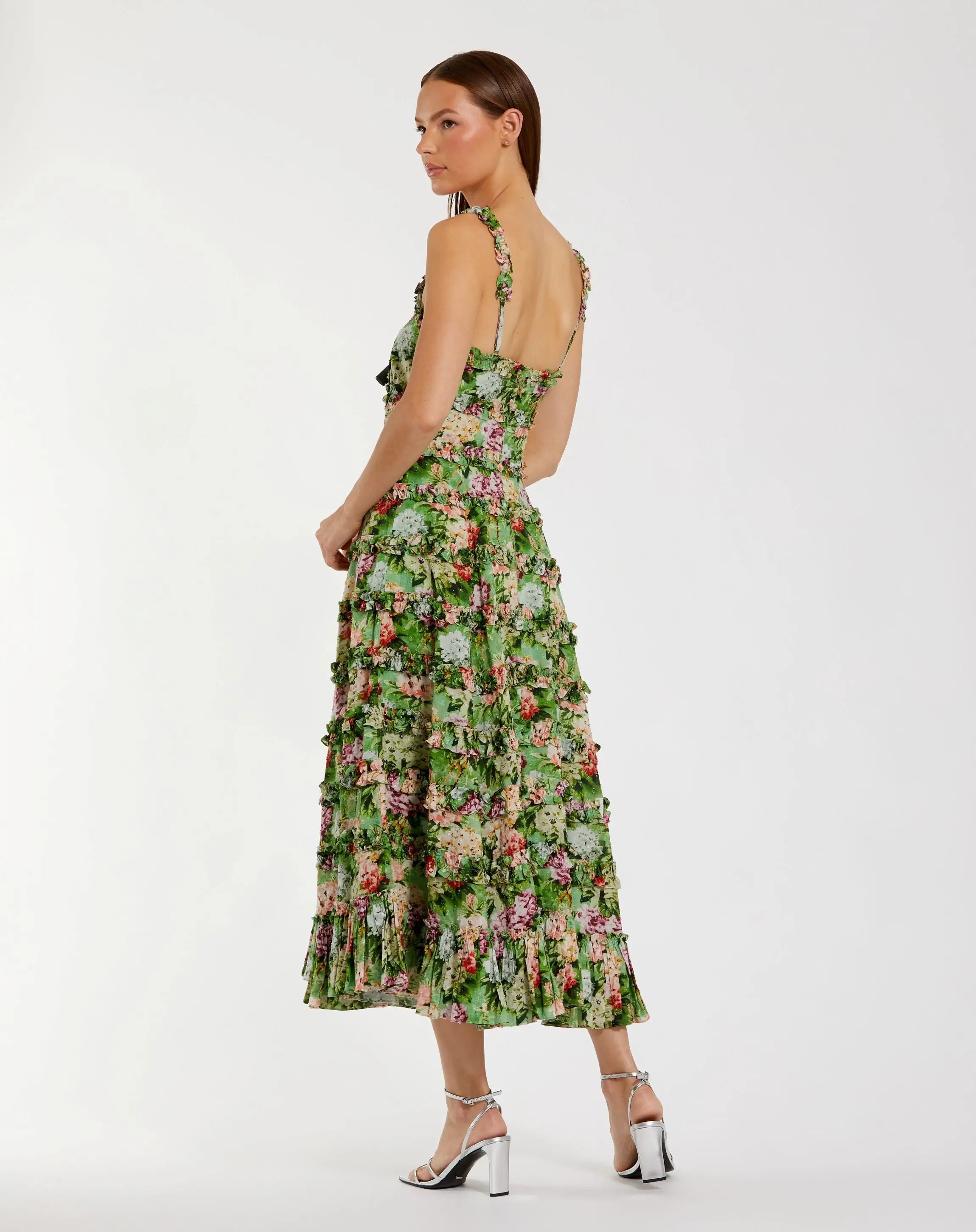 Green Ruffle Floral Square Neck Midi Dress-Myartka