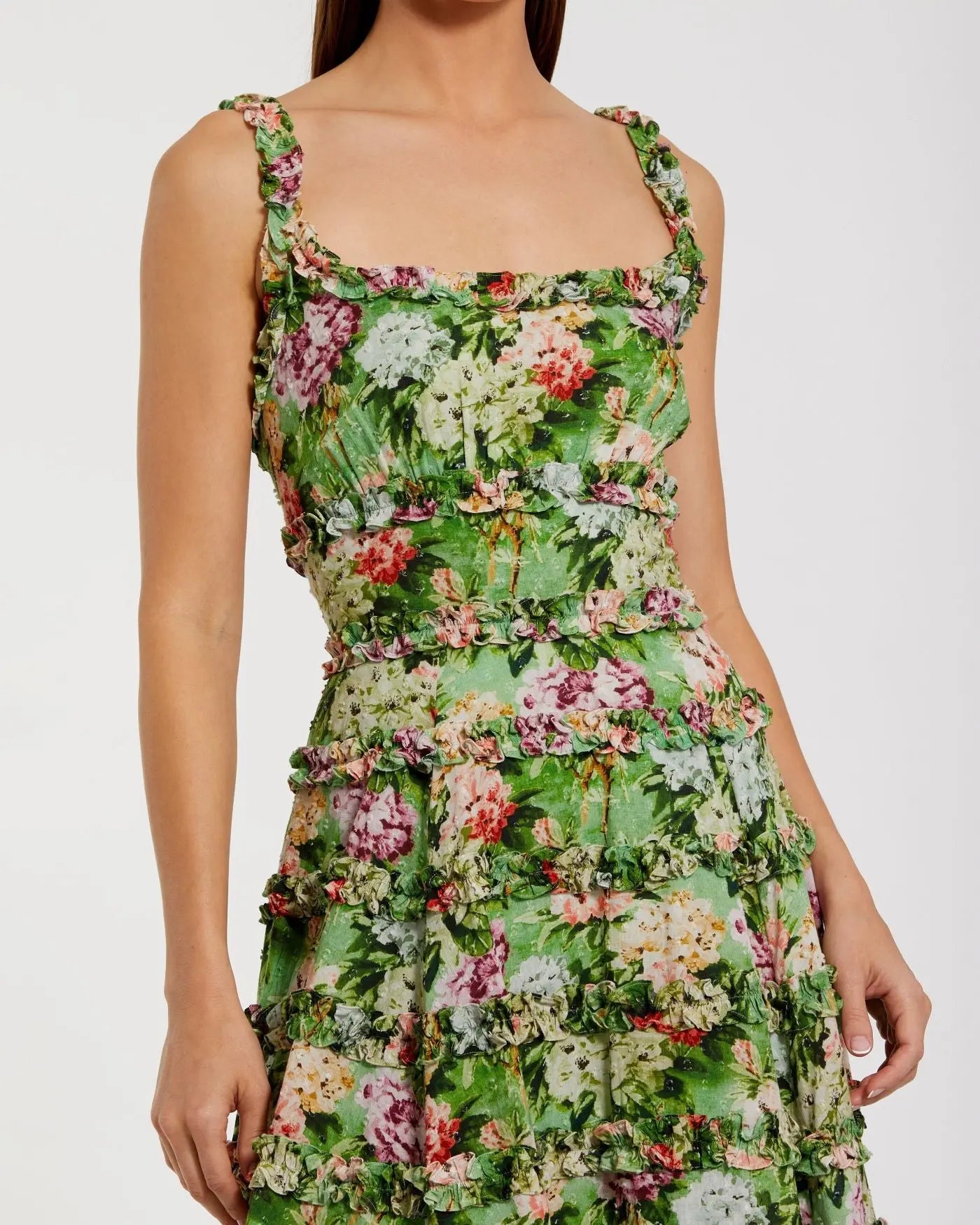 Green Ruffle Floral Square Neck Midi Dress-Myartka