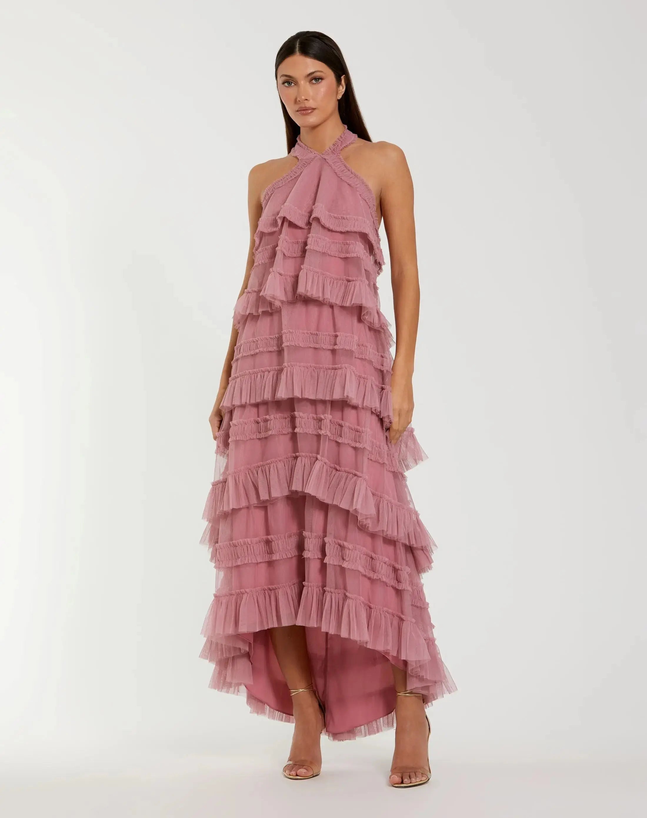 Pink Tiered Ruffle Halter Neck Midi Dress-Myartka