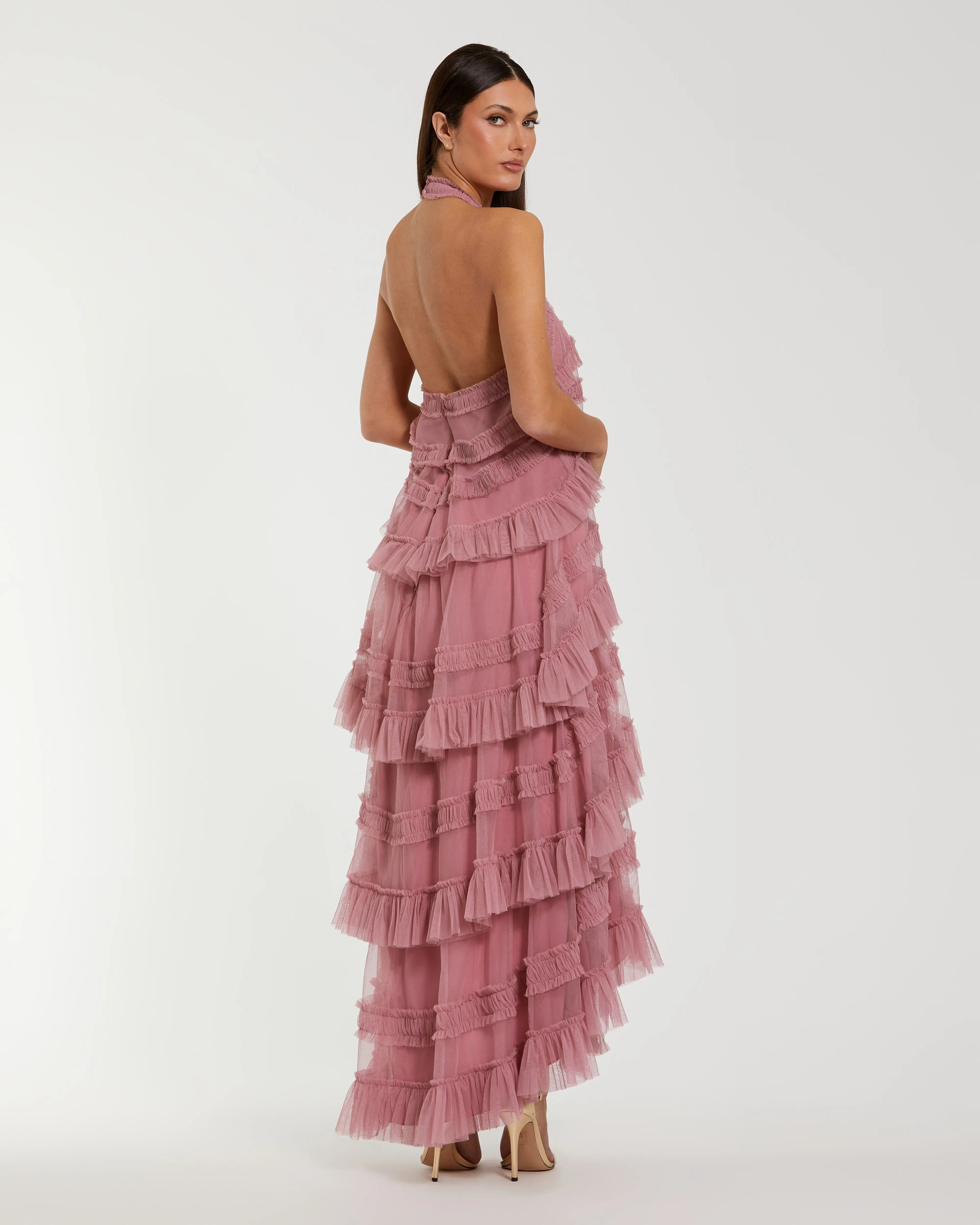 Pink Tiered Ruffle Halter Neck Midi Dress-Myartka