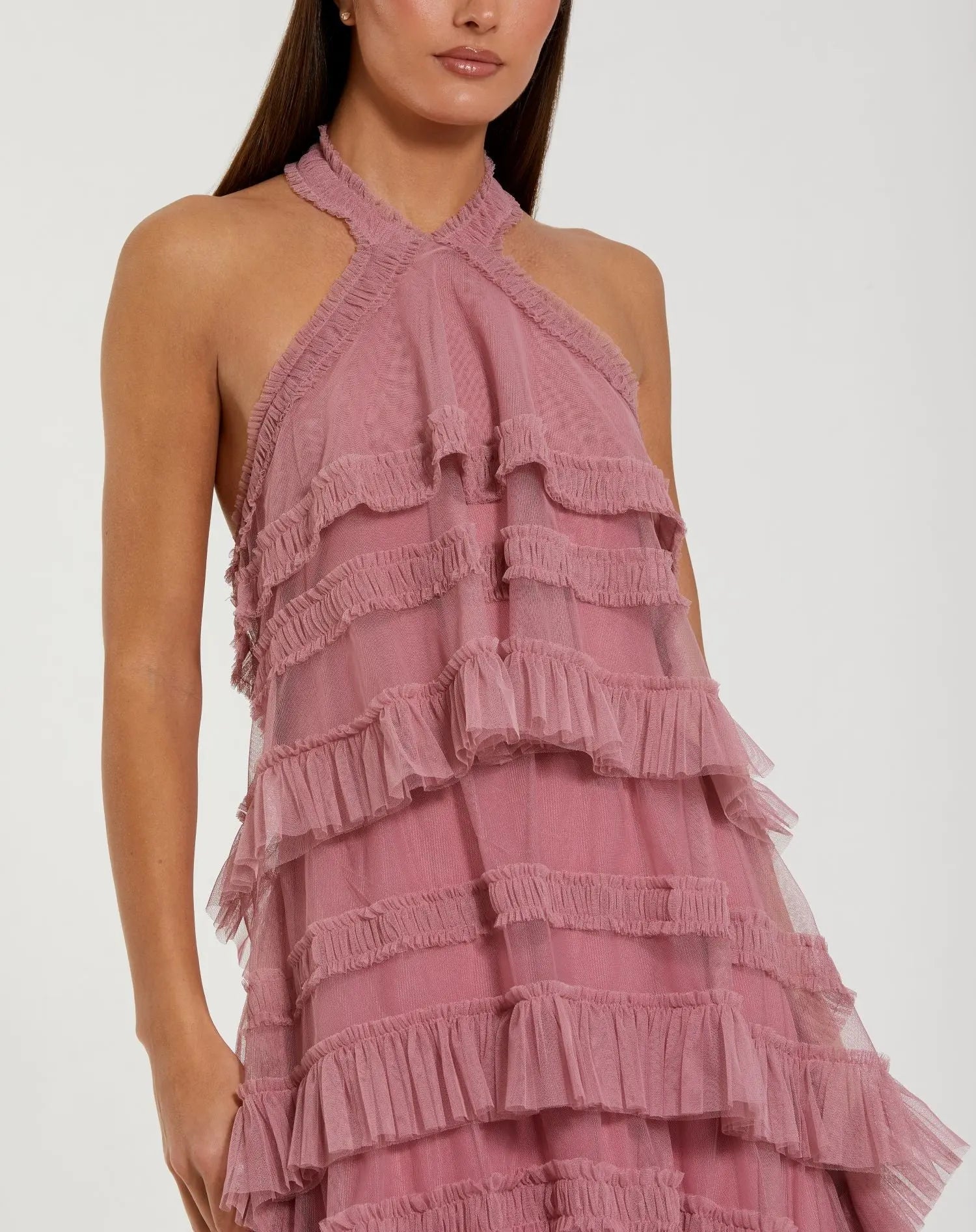 Pink Tiered Ruffle Halter Neck Midi Dress-Myartka