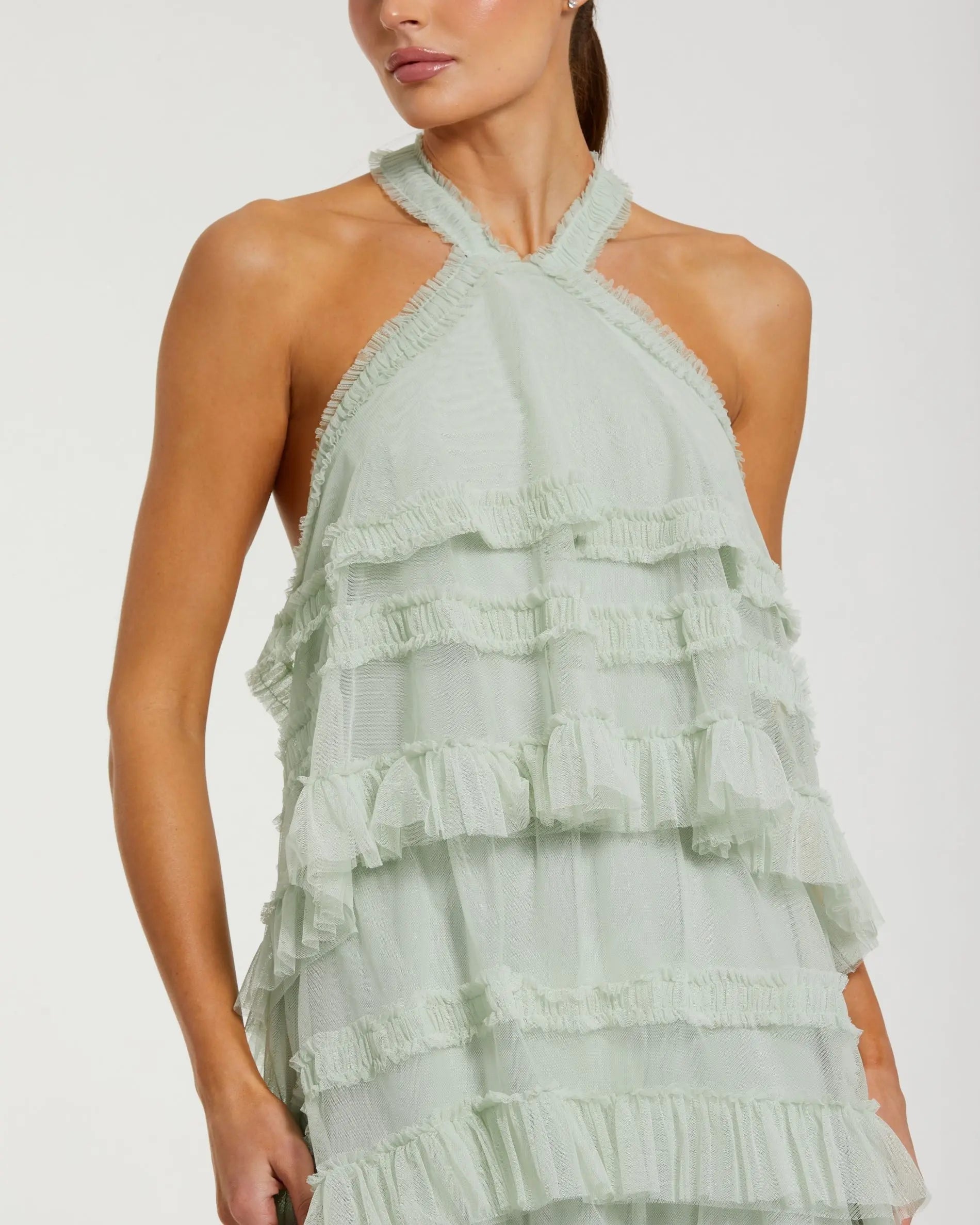 Green Tiered Ruffle Halter Neck Midi Dress-Myartka