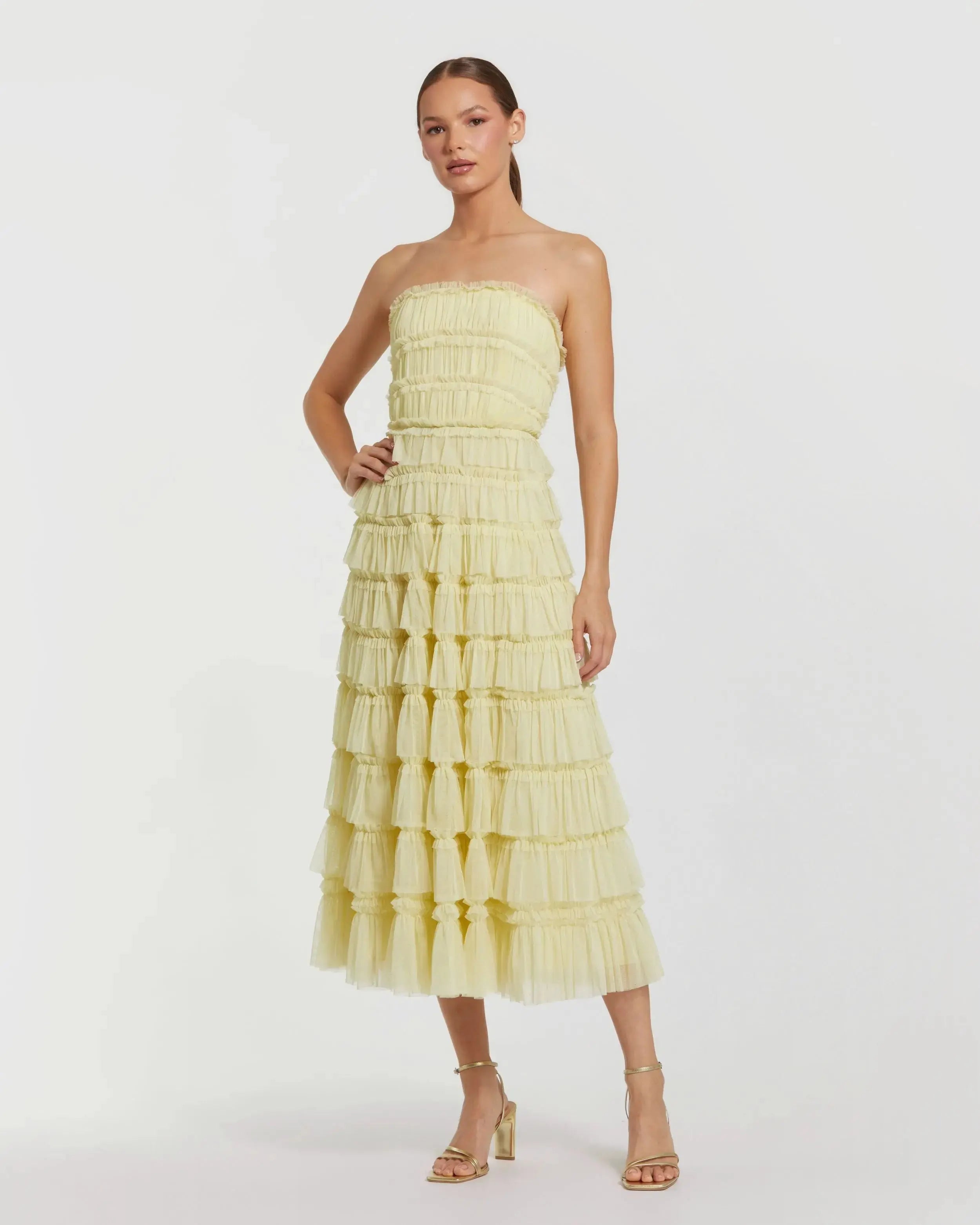 Yellow Micro Ruffle Strapless Midi Dress-Myartka