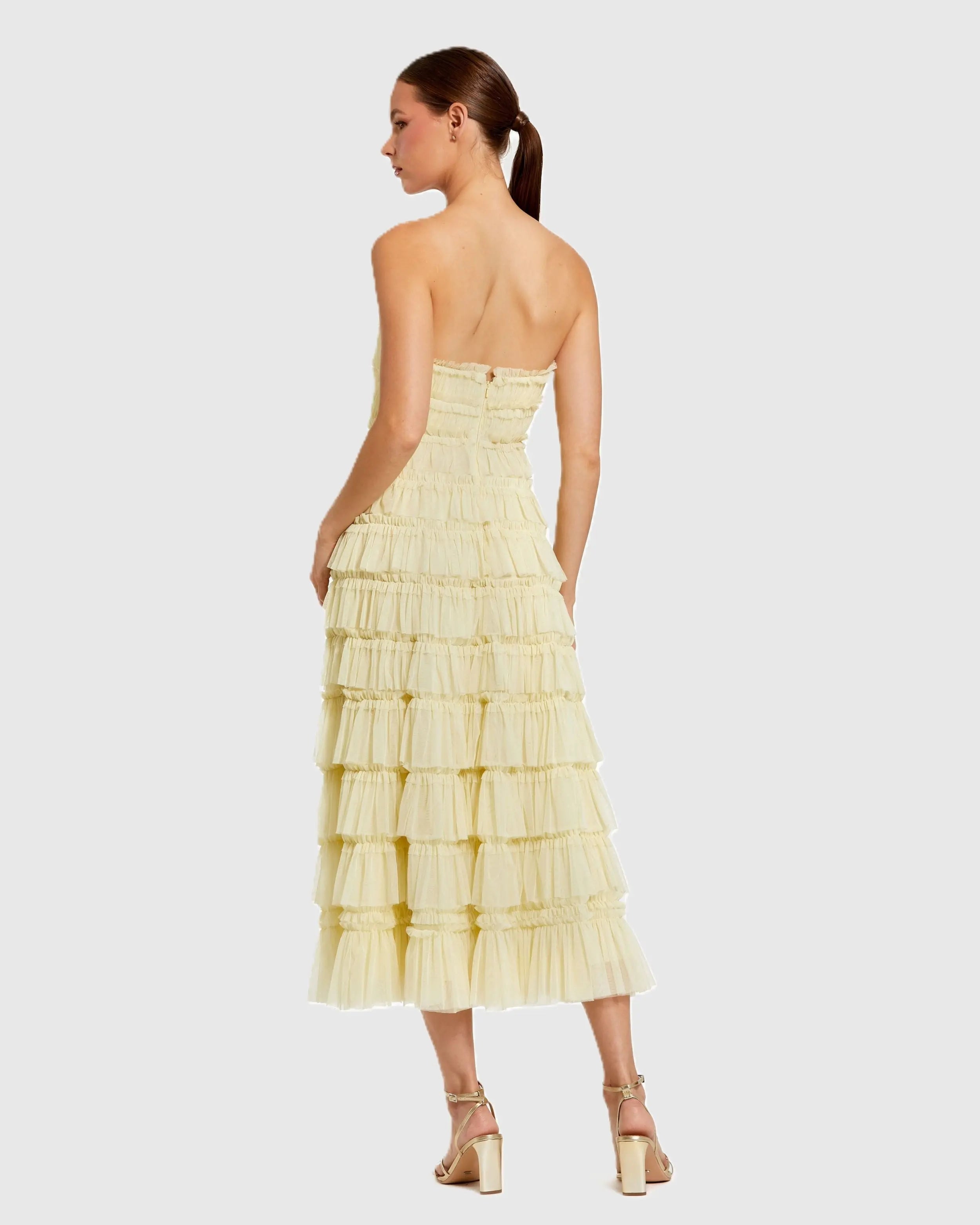 Yellow Micro Ruffle Strapless Midi Dress-Myartka