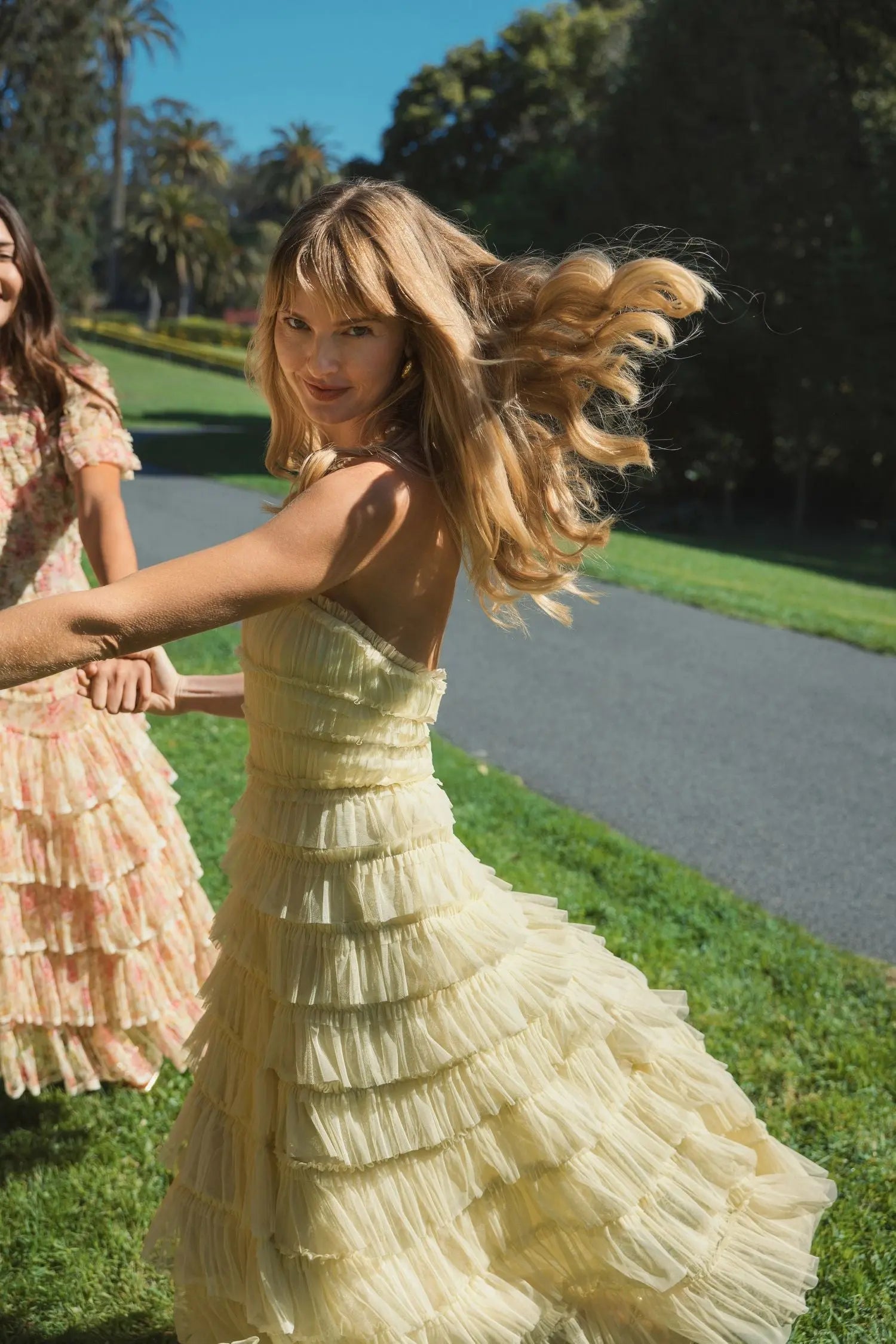 Yellow Micro Ruffle Strapless Midi Dress-Myartka