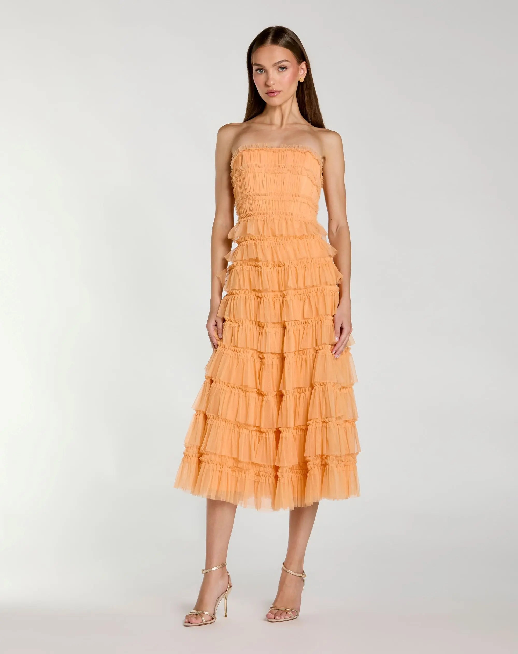 Orange Micro Ruffle Strapless Midi Dress-Myartka