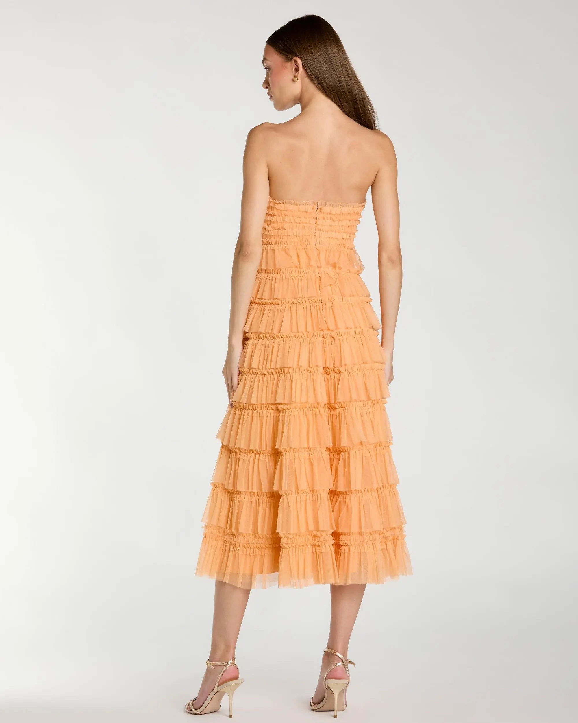 Orange Micro Ruffle Strapless Midi Dress-Myartka