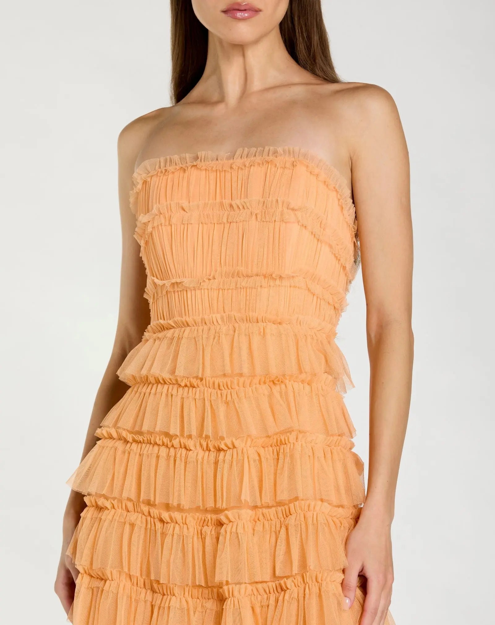 Orange Micro Ruffle Strapless Midi Dress-Myartka