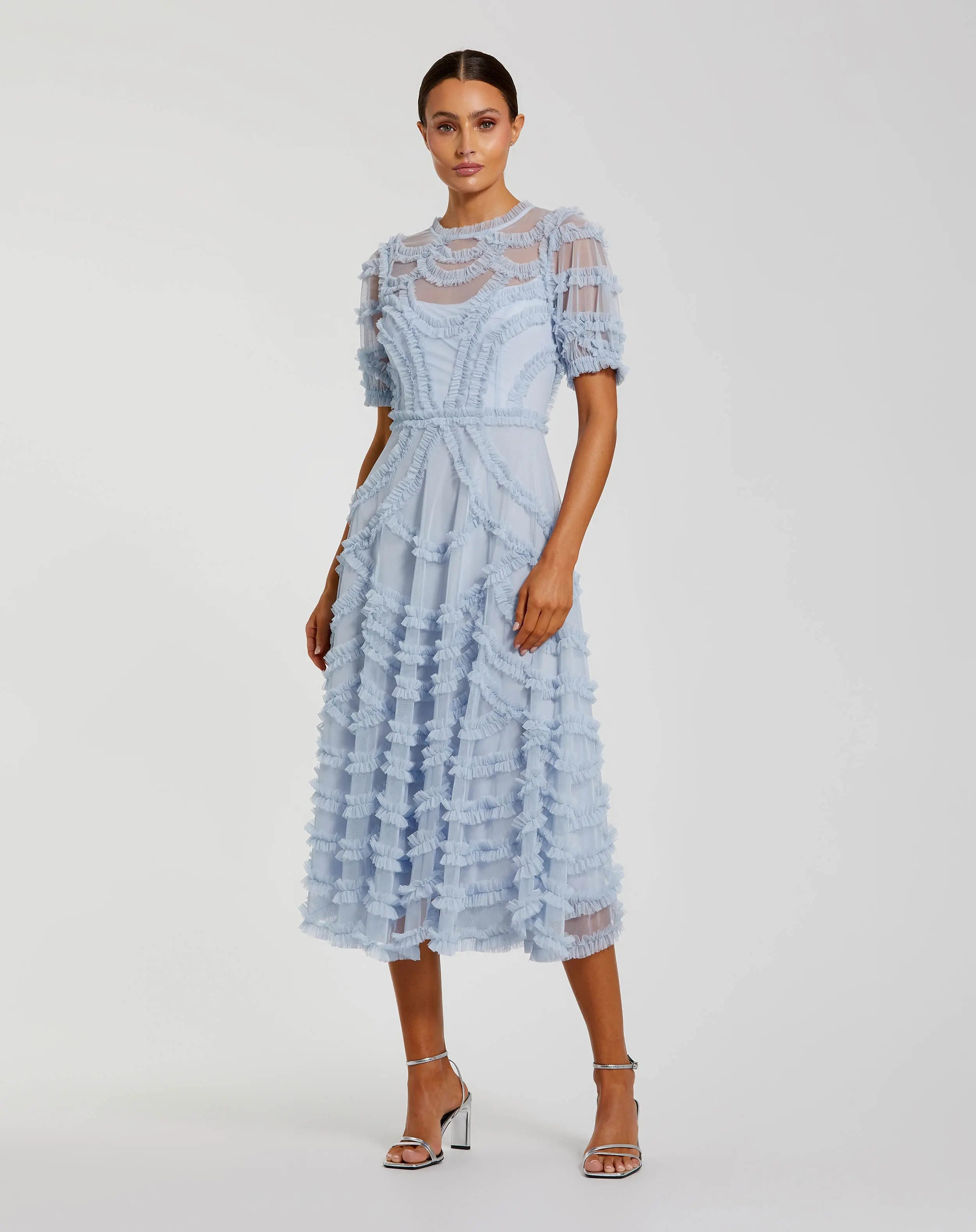 Blue High Neck Short Sleeve Ruffled Midi Dress-Myartka