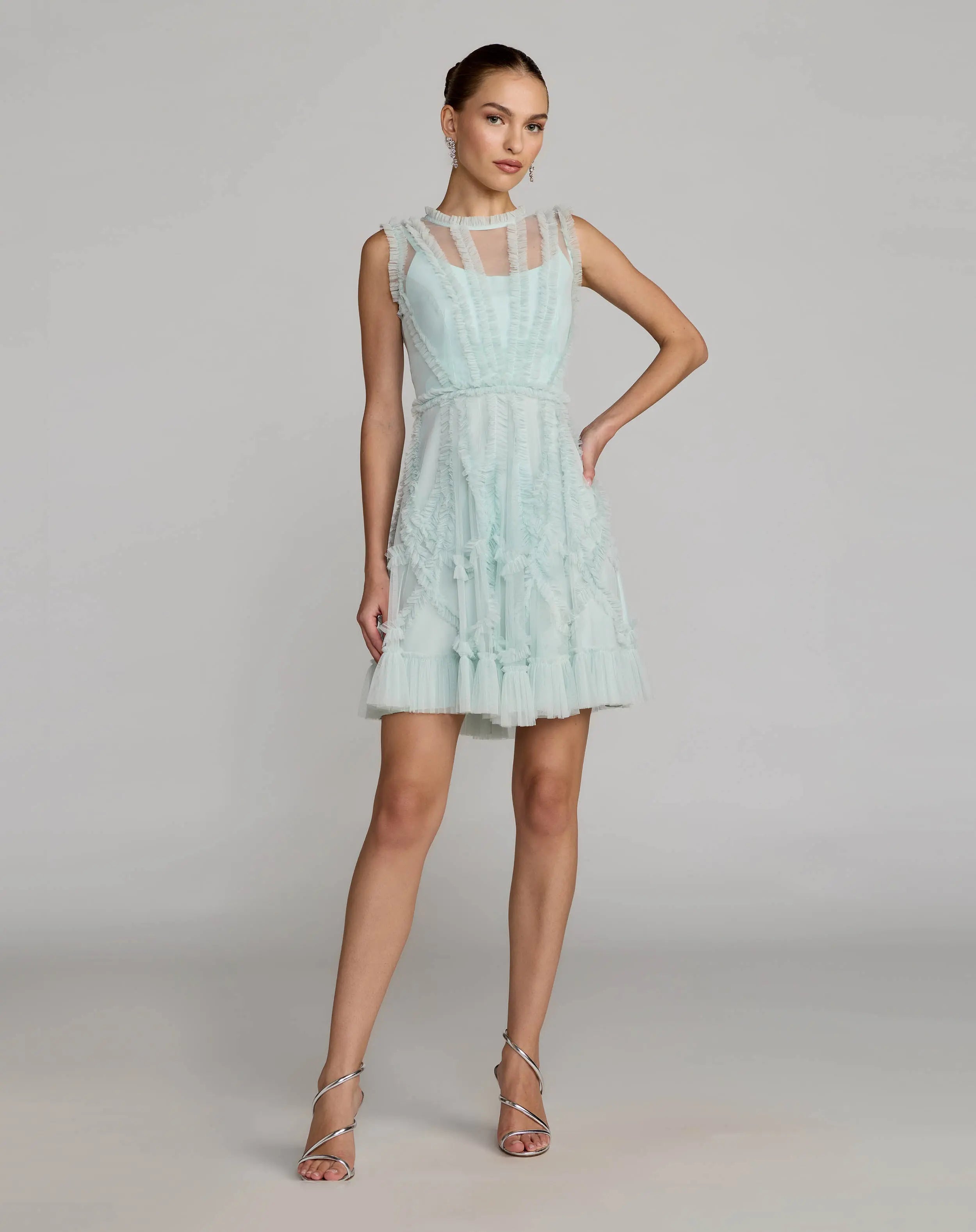 Light Blue High Neck Sleeveless Micro Ruffle Mini Dress-Myartka