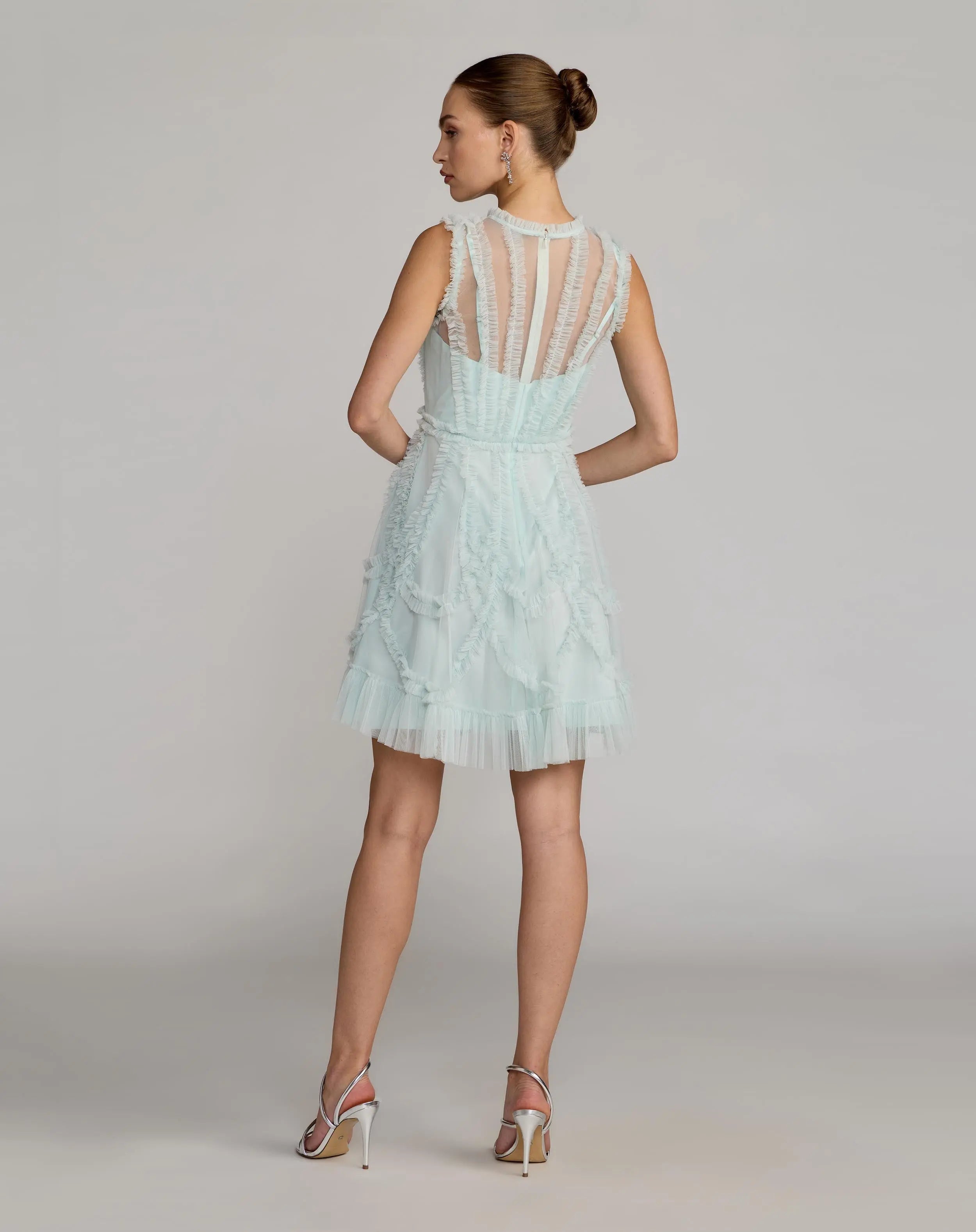 Light Blue High Neck Sleeveless Micro Ruffle Mini Dress-Myartka