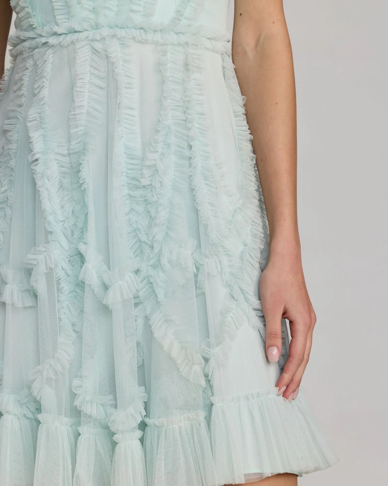 Light Blue High Neck Sleeveless Micro Ruffle Mini Dress-Myartka