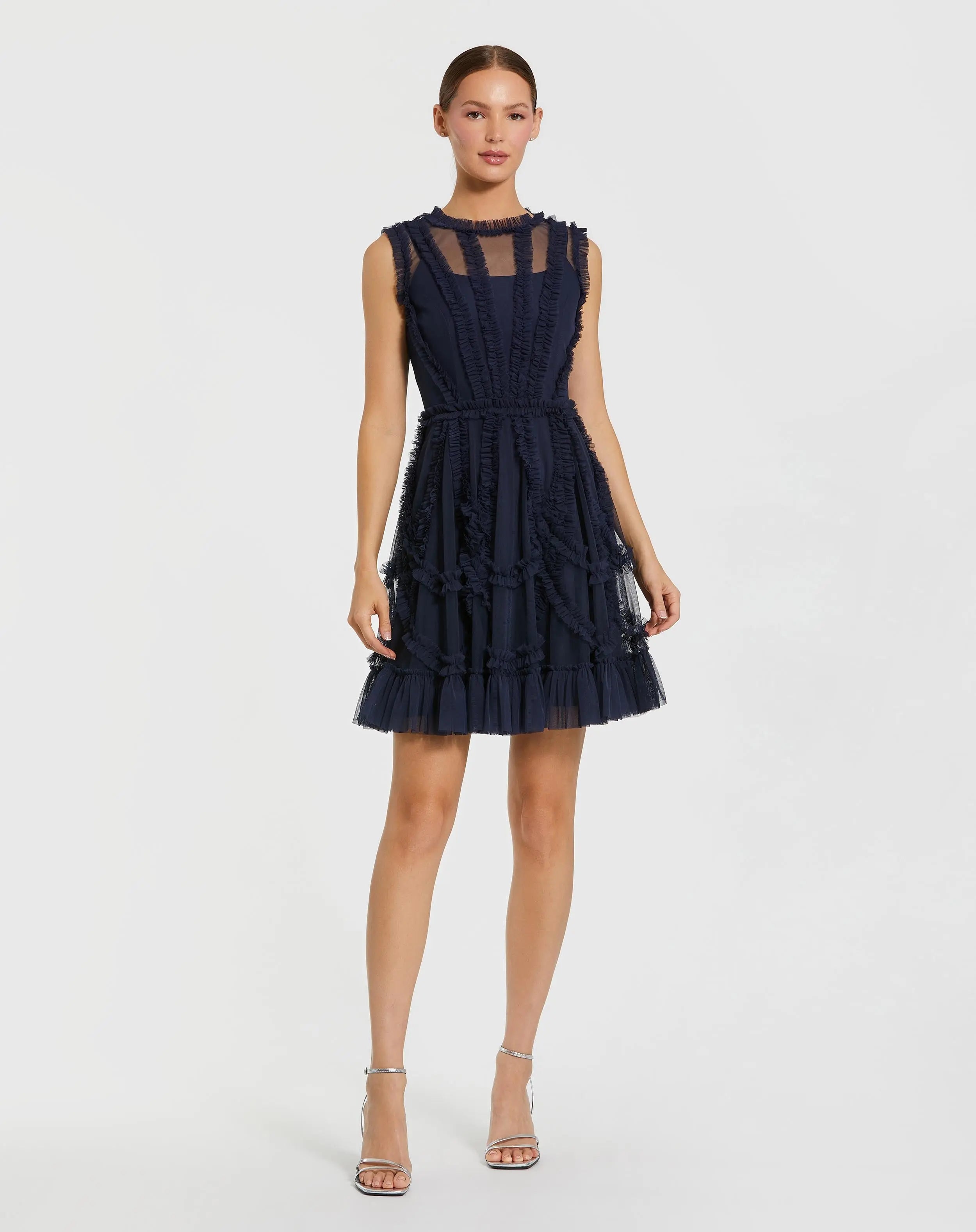 Navy High Neck Sleeveless Micro Ruffle Mini Dress-Myartka