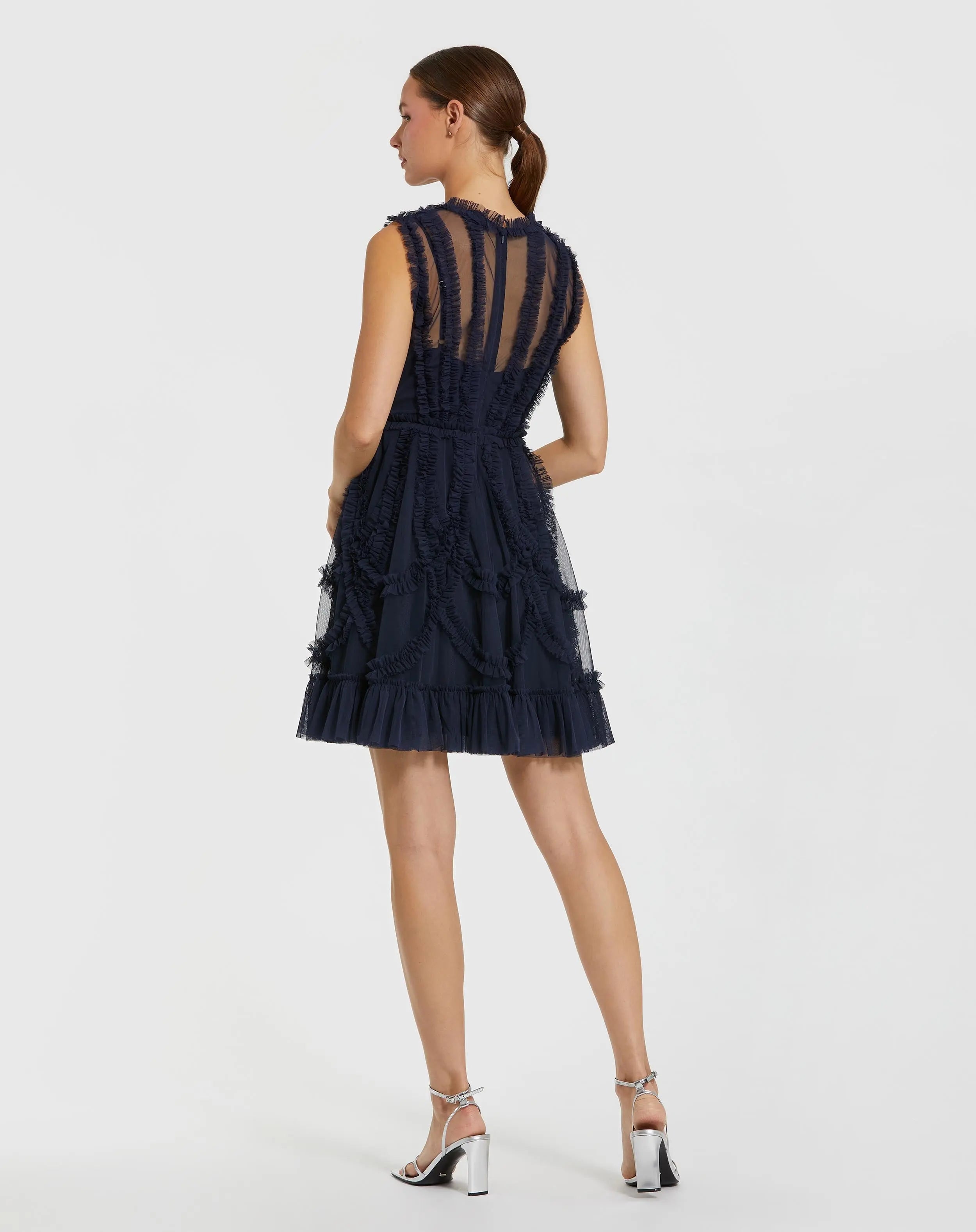 Navy High Neck Sleeveless Micro Ruffle Mini Dress-Myartka