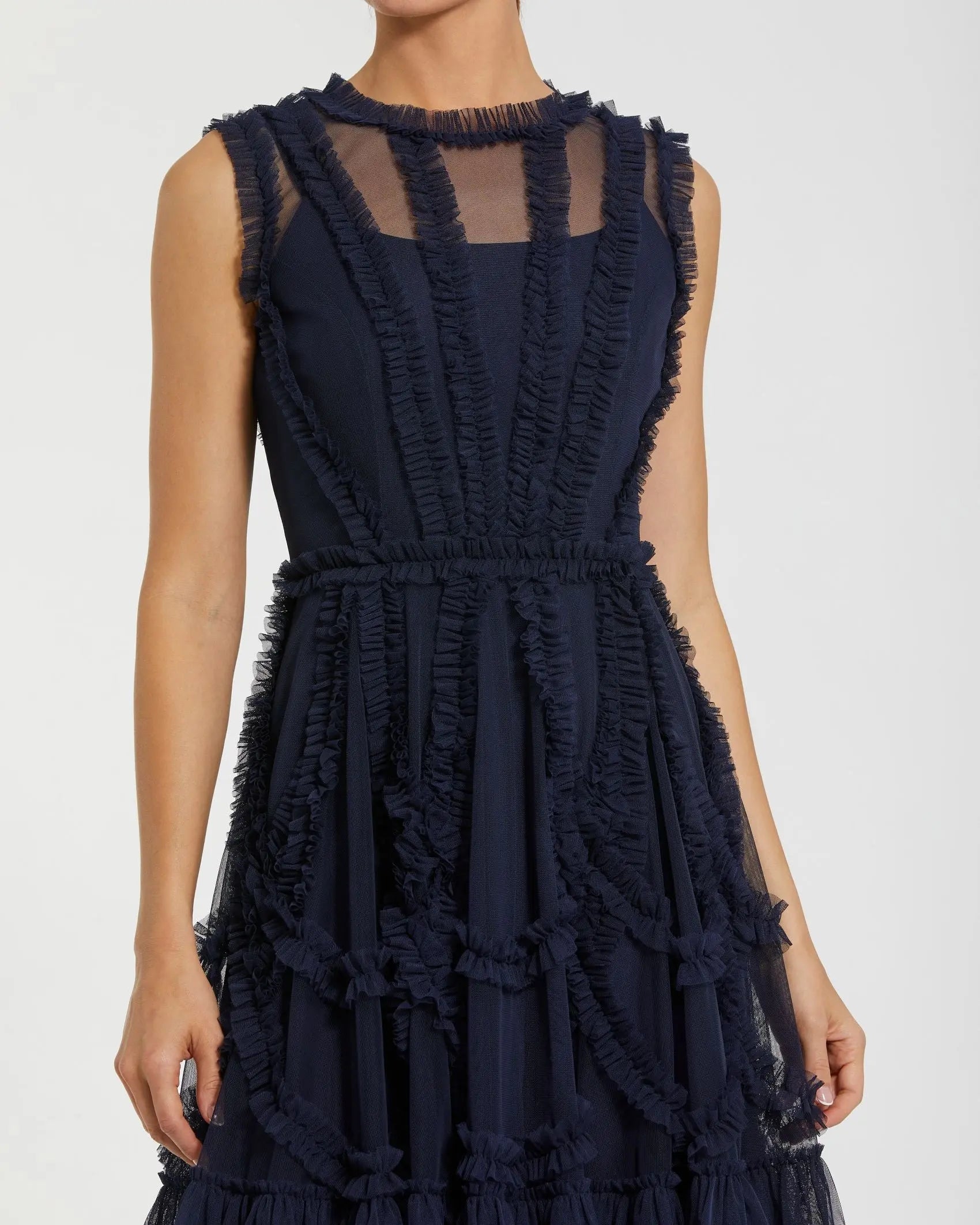 Navy High Neck Sleeveless Micro Ruffle Mini Dress-Myartka