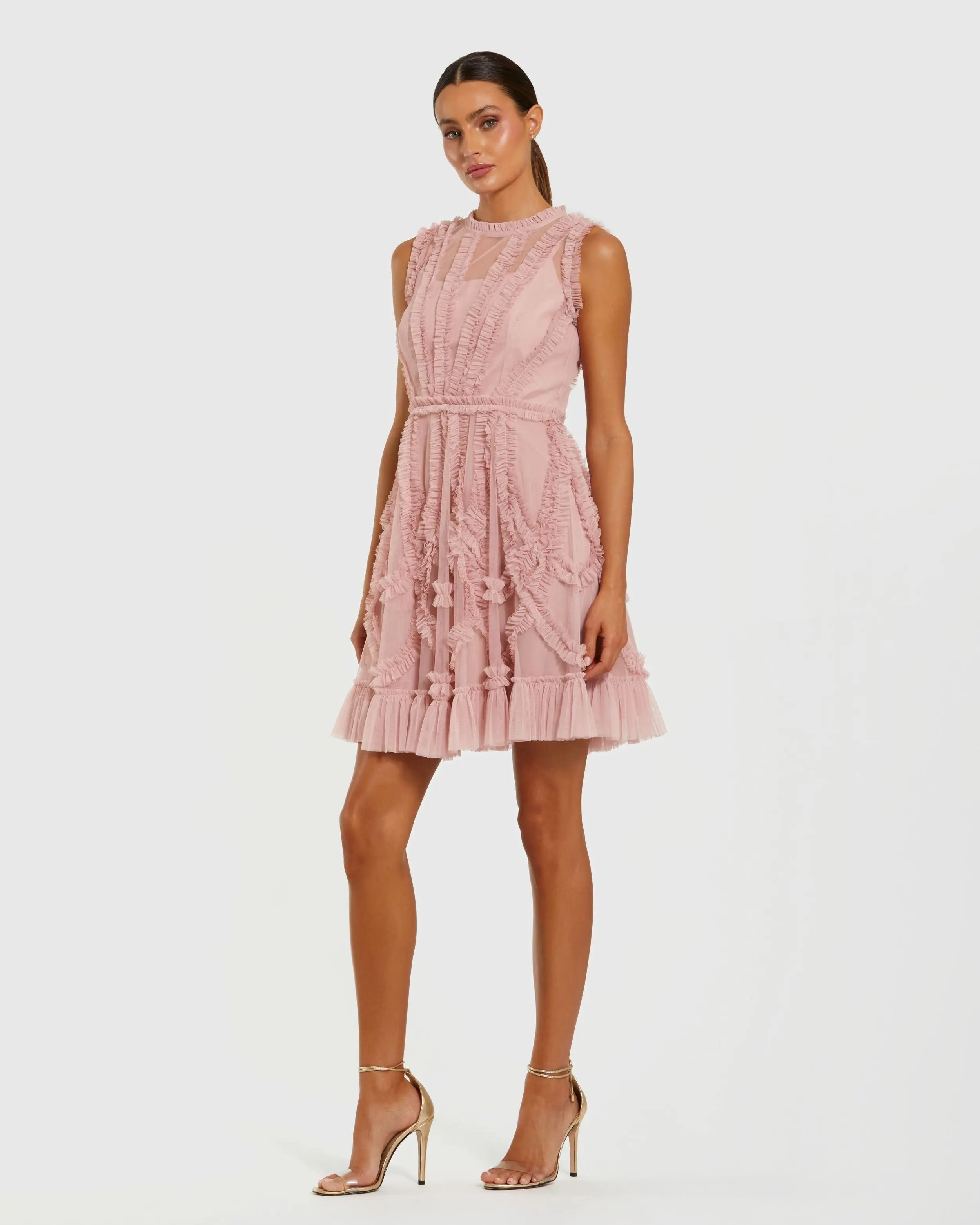 Pink High Neck Sleeveless Micro Ruffle Mini Dress-Myartka