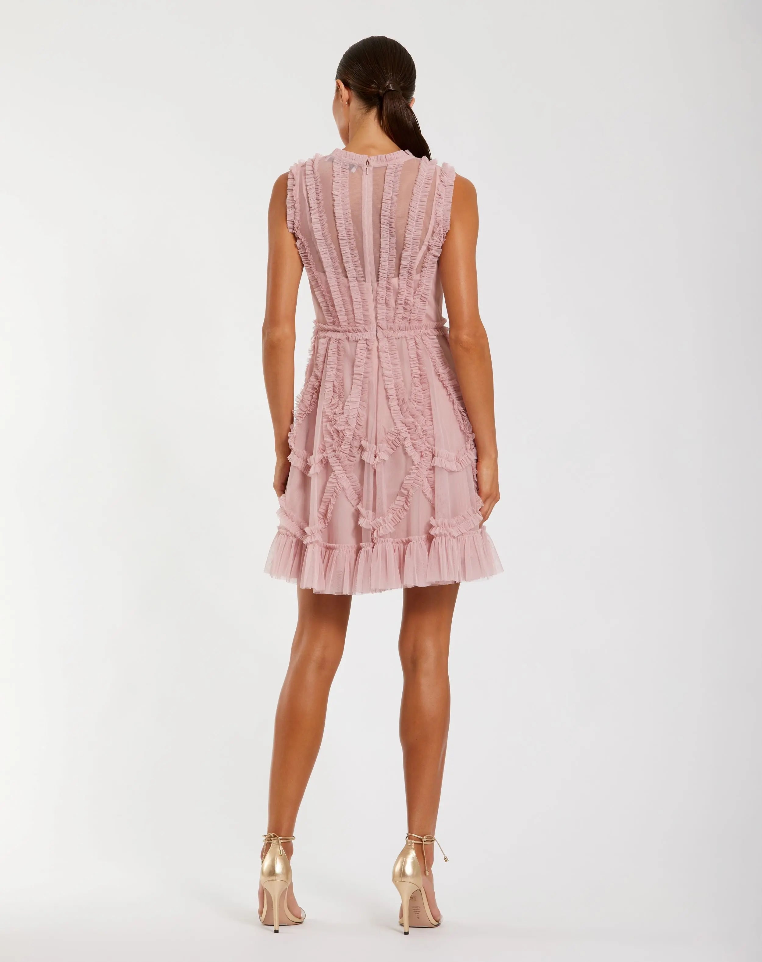 Pink High Neck Sleeveless Micro Ruffle Mini Dress-Myartka