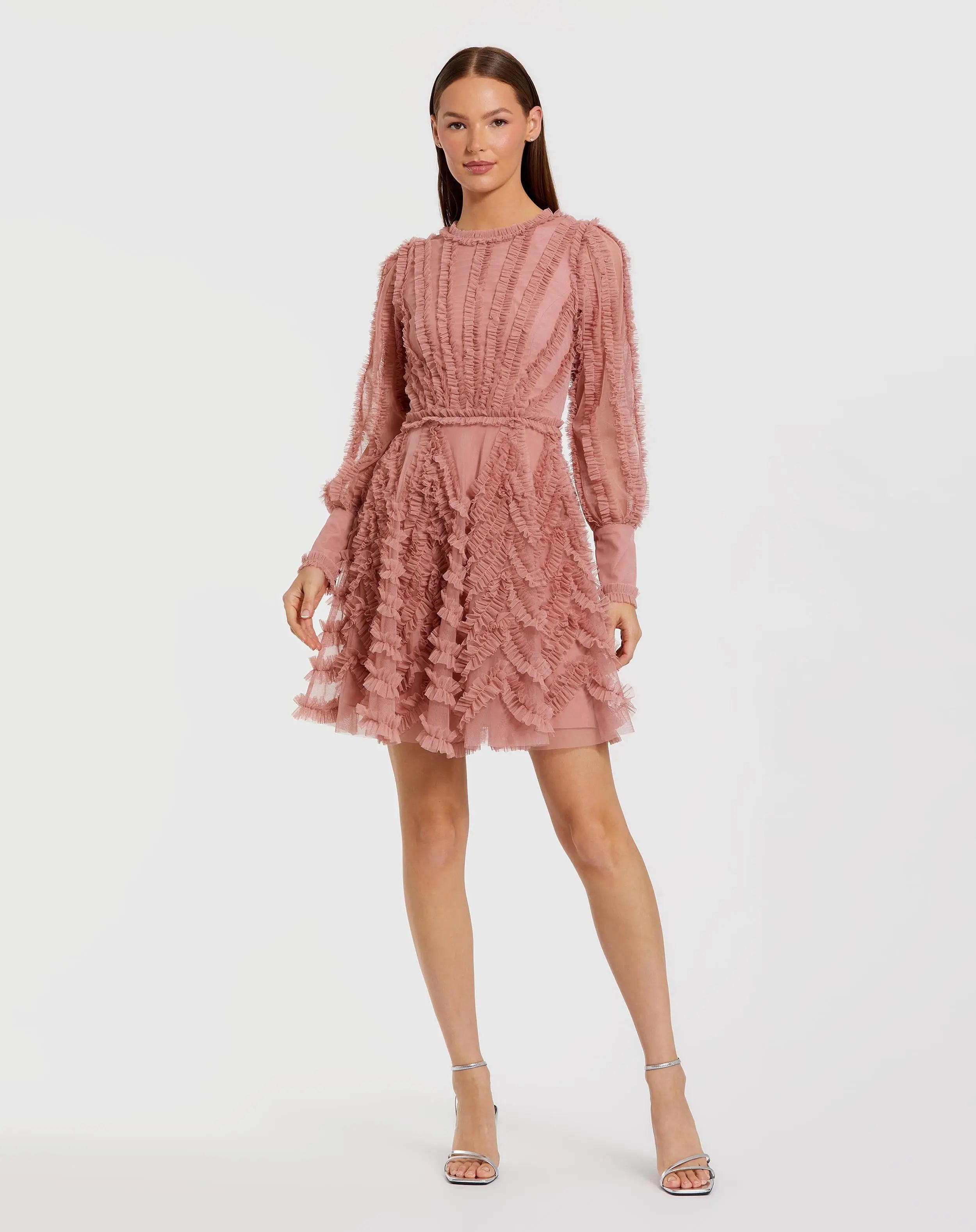 Pink Ruffle Lace Up Back Long Sleeve Mini Dress-Myartka