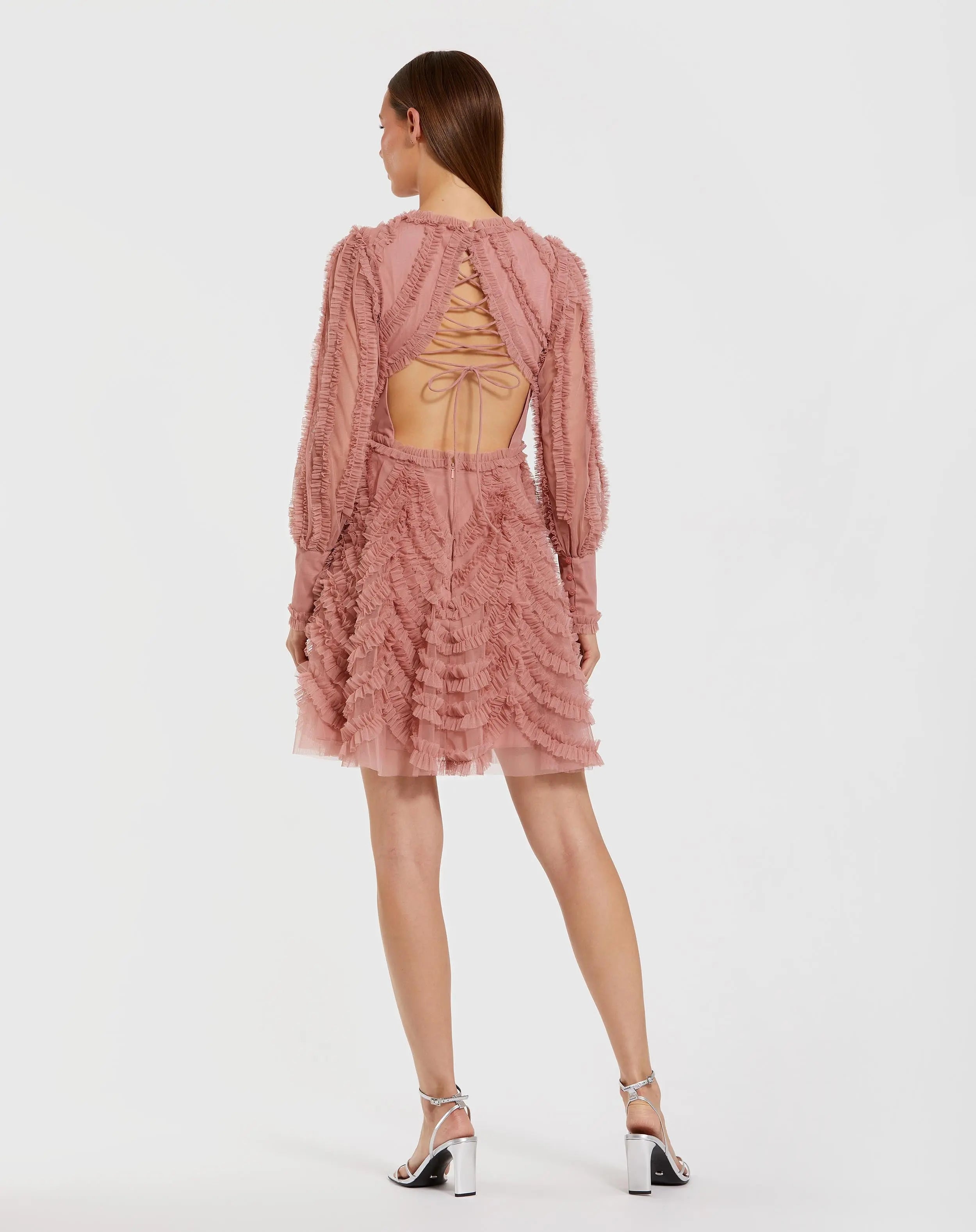 Pink Ruffle Lace Up Back Long Sleeve Mini Dress-Myartka