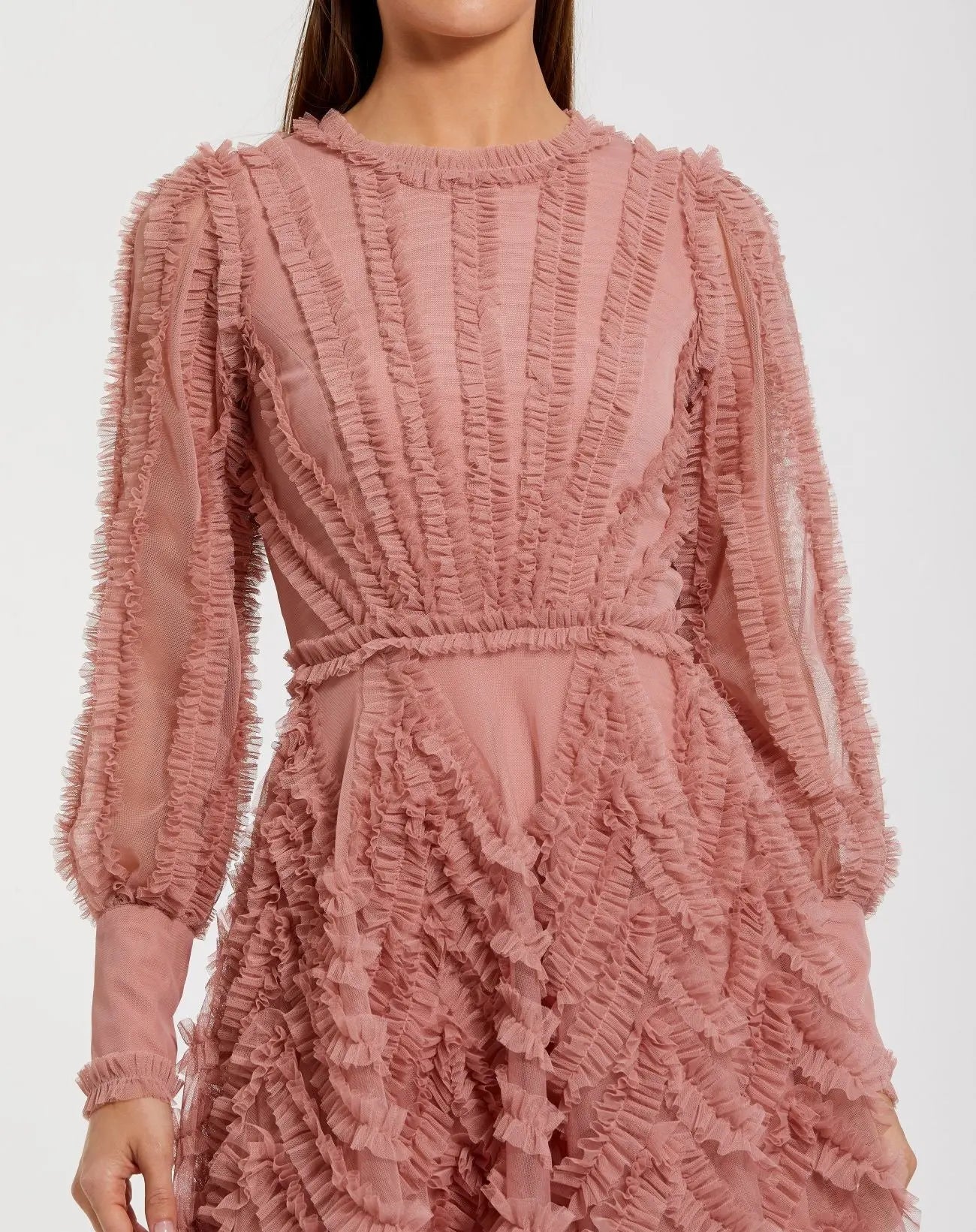 Pink Ruffle Lace Up Back Long Sleeve Mini Dress-Myartka