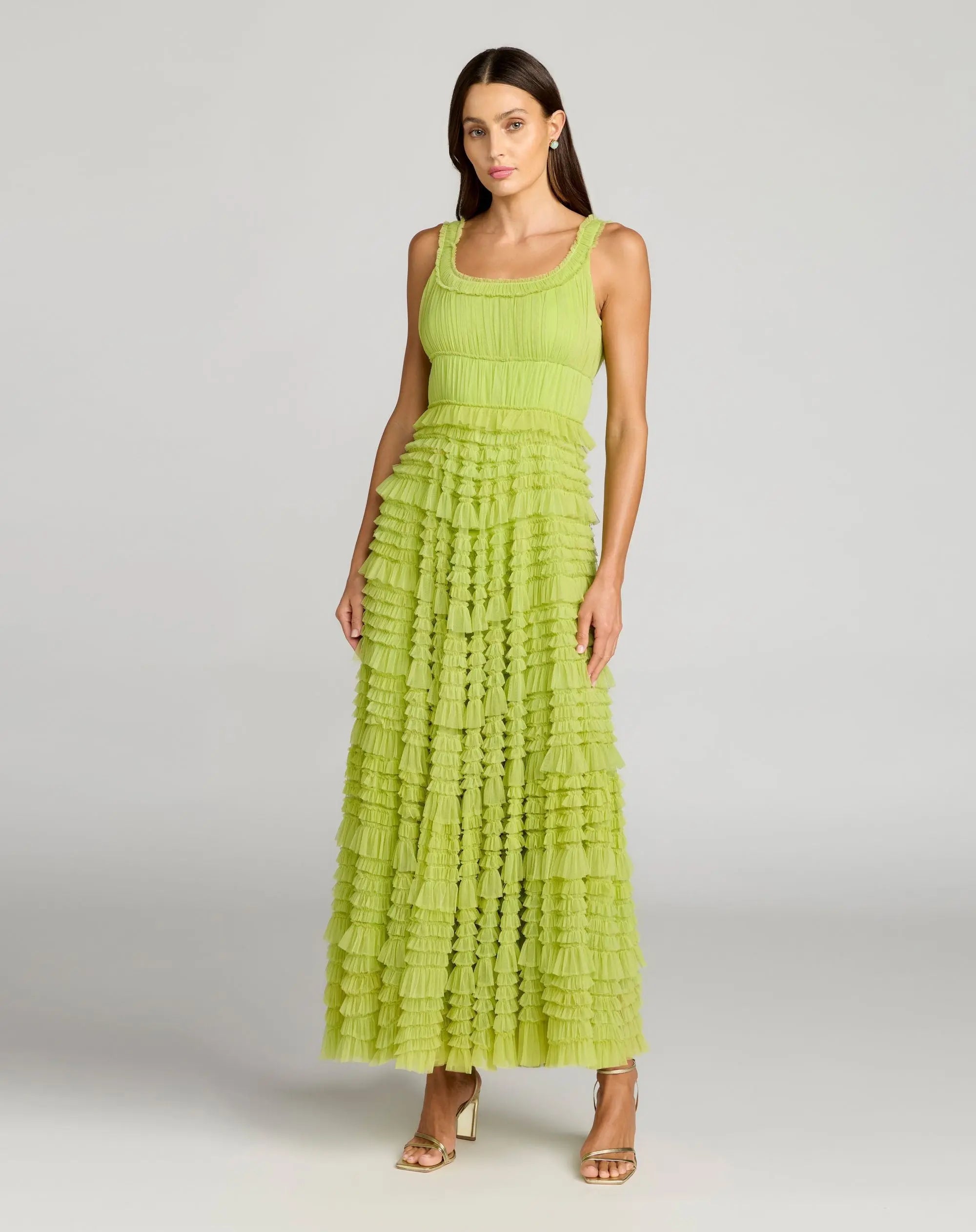 Green Micro Ruffle Sleeveless Scoop Neck Maxi Dress-Myartka