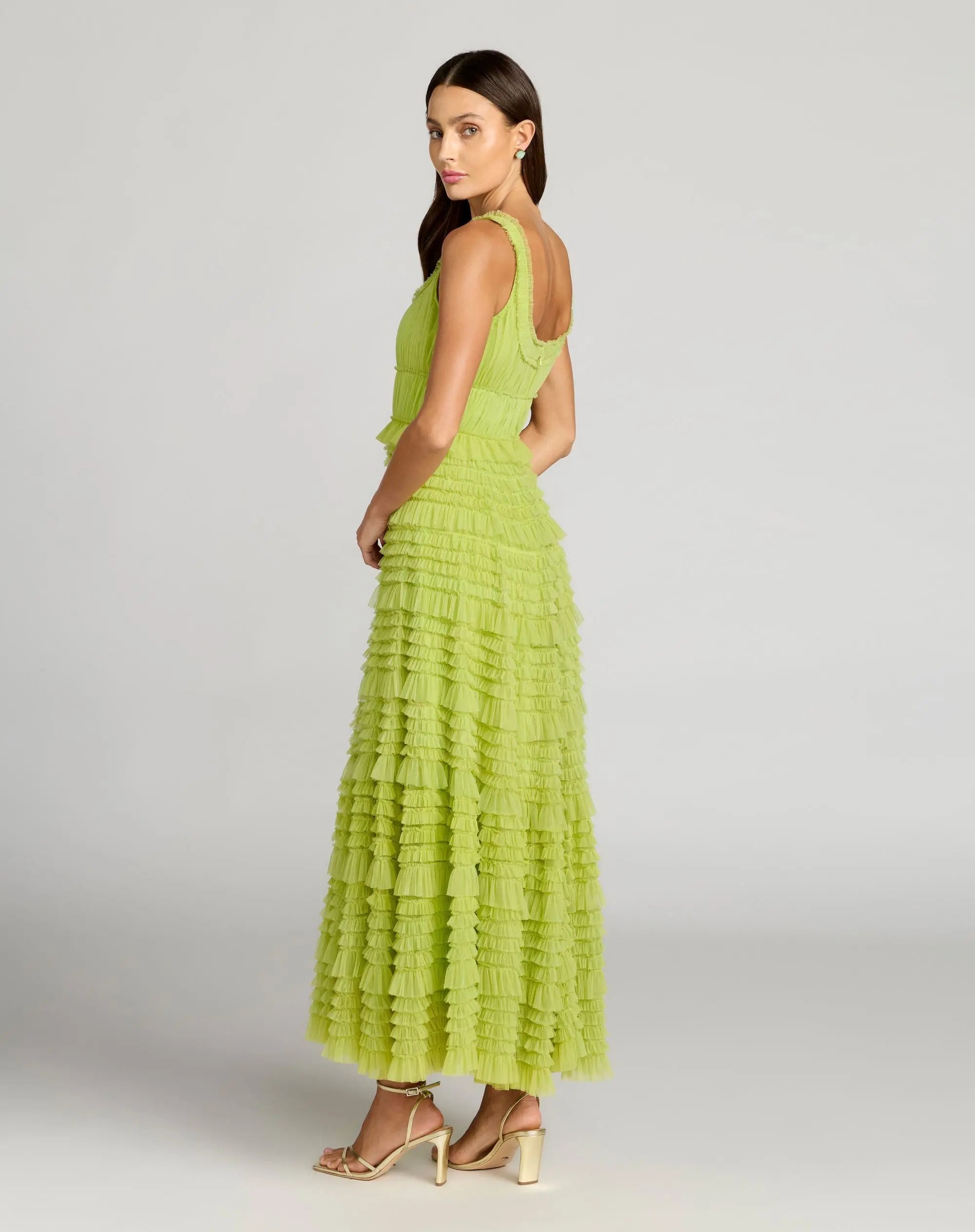 Green Micro Ruffle Sleeveless Scoop Neck Maxi Dress-Myartka
