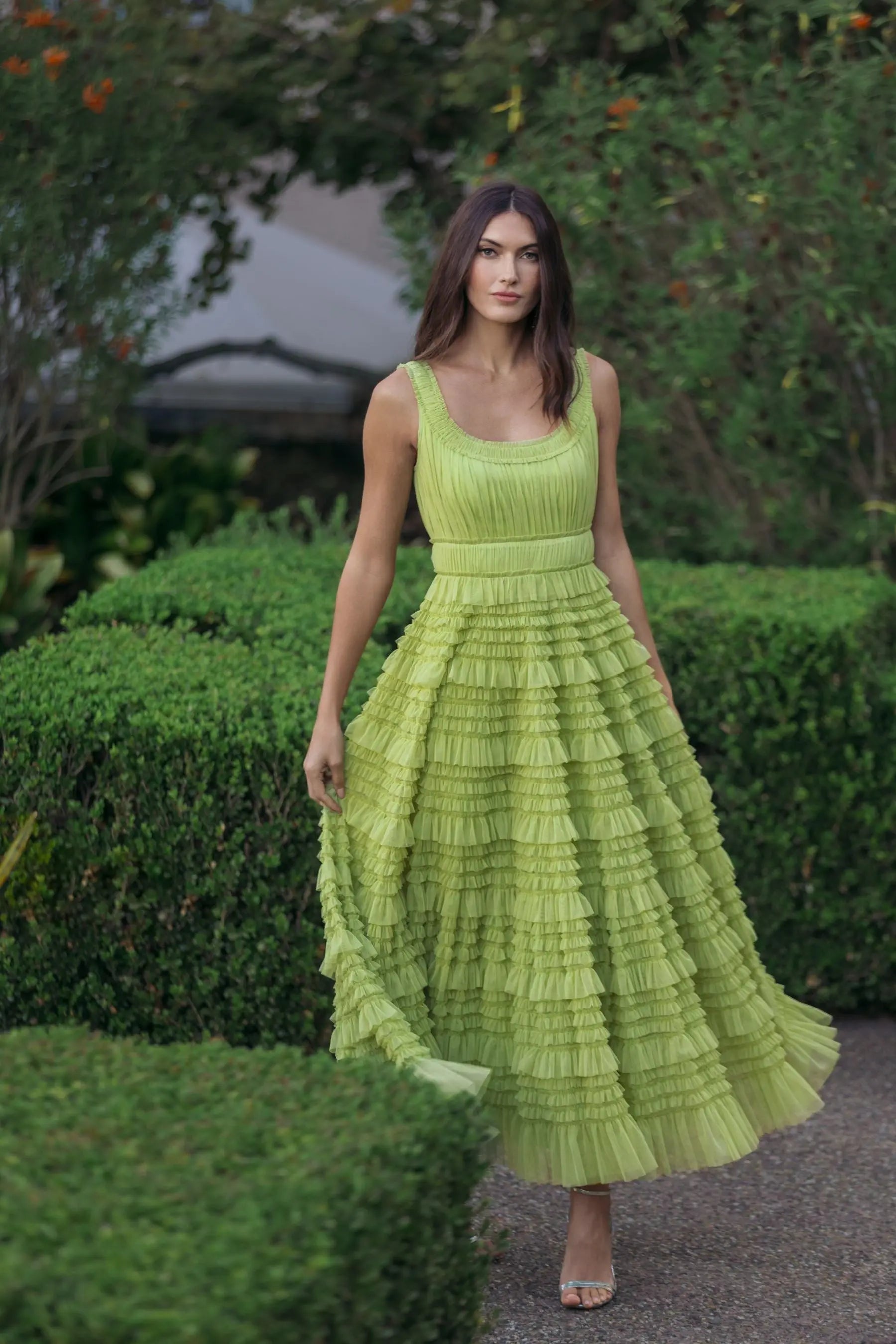 Green Micro Ruffle Sleeveless Scoop Neck Maxi Dress-Myartka